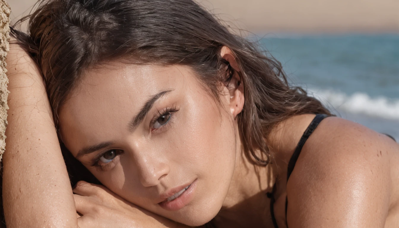 there is a 25-year-old woman, olhos castanhos, latino americana, posando para foto, numa praia, in black bikini, with arm covering breasts, , foto de modelo, corpo perfeito, foto realista, cabelo castanho, (garota bonita: 1.3) (cabelo: 1.3) Textura Facial e de Pele Altamente Detalhadas, (Pose)), (Sedutor)) melhor qualidade, 4k, Canon, entardecer, belos olhos e rosto detalhados, olhos castanhos,((pelos marrons:1.2)) ((corpo inteiro:1.3)) ((cabelos longos:1.2))