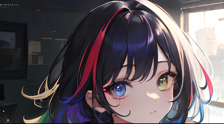 {{masterpiece}}, best quality, extremely detailed CG unity 8k wallpaper, cinematic lighting, lens flare, beautiful detail eyes, black, side glance, multicolor hair, colorful light, particles, heterochromia, (colorful:1.5), (colorful hair:1.5),