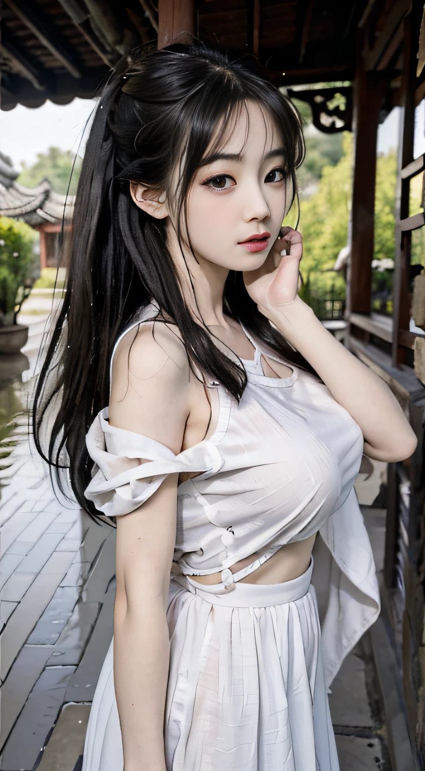 Master quality, highest quality, best picture quality, exaggerated details, a cute 8 year old asian with a shy expression, slightly squinted eyes, adjusting her hair, long eyelashes (long hair / very, very exaggerated big breasts _ tits / in hanfu chinese luxury), posing in front of the camera, wet throught rain, under wear open v hanfu transparent fabric, boobs full detail.