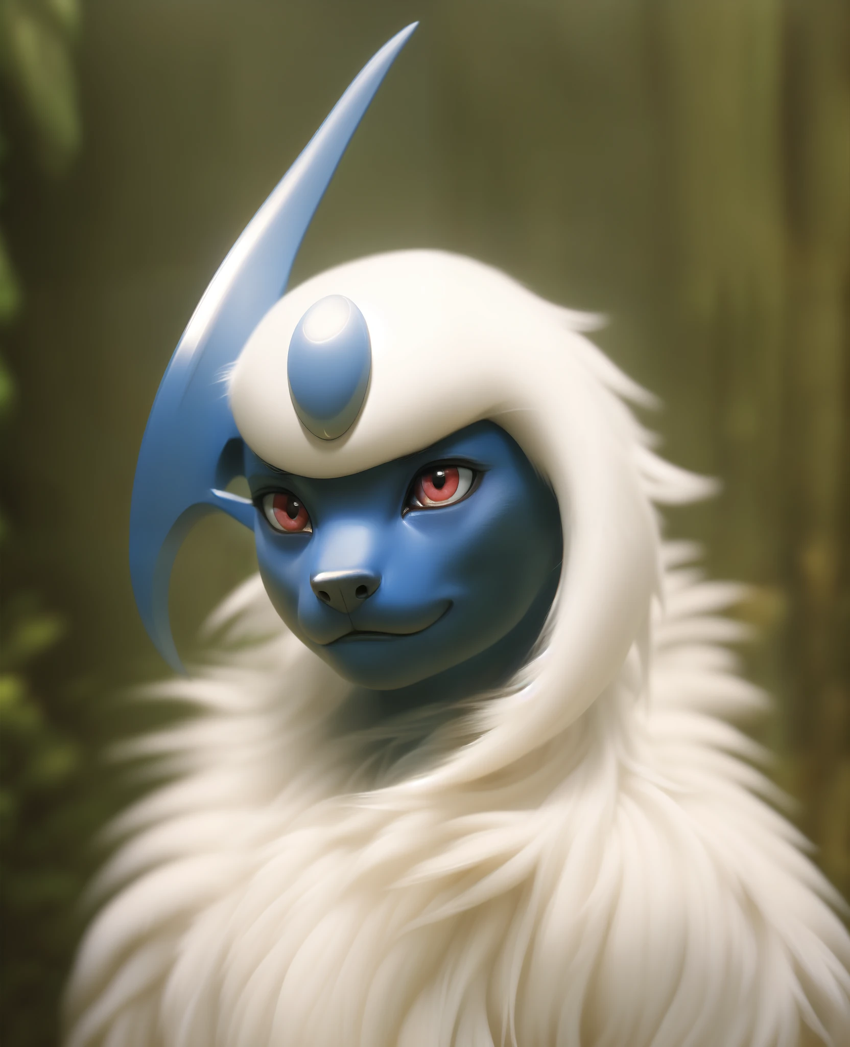 (high detail, film photography, soft focus, soft shaded, RAW candid cinema, photorealism:1.2, realistic, photorealistic:1.4, analog style, subsurface scattering, masterpiece, best quality, ultra realistic, 8k),, Absol, Pokemon, white fur, grayish horn, red eyes, smiling, cute, masterpiece, full body