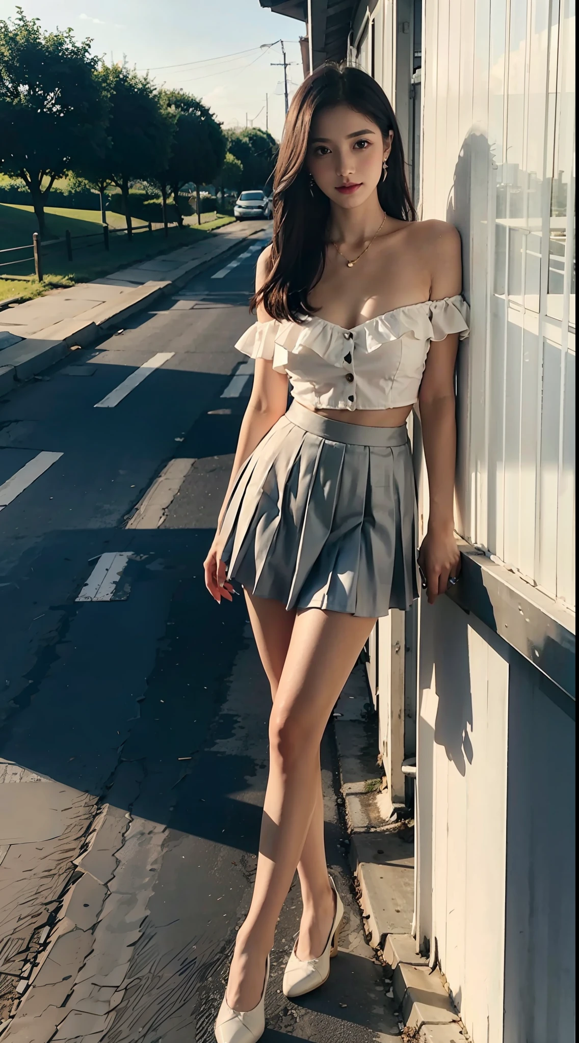 Short pleated skirt，Sexy appearance，White color blouse，F-cup，Bare one shoulder，Pink Long Hair，Exposed cleavage，Stand on the roof of the countryside，Cold white skin，Smooth skin，Bigger eyes，tall nose bridge，fully body photo，Elongated legs，canvas shoe，brightened light，Bright smiley face，stare，adiamondnecklace，Diamond stud earrings