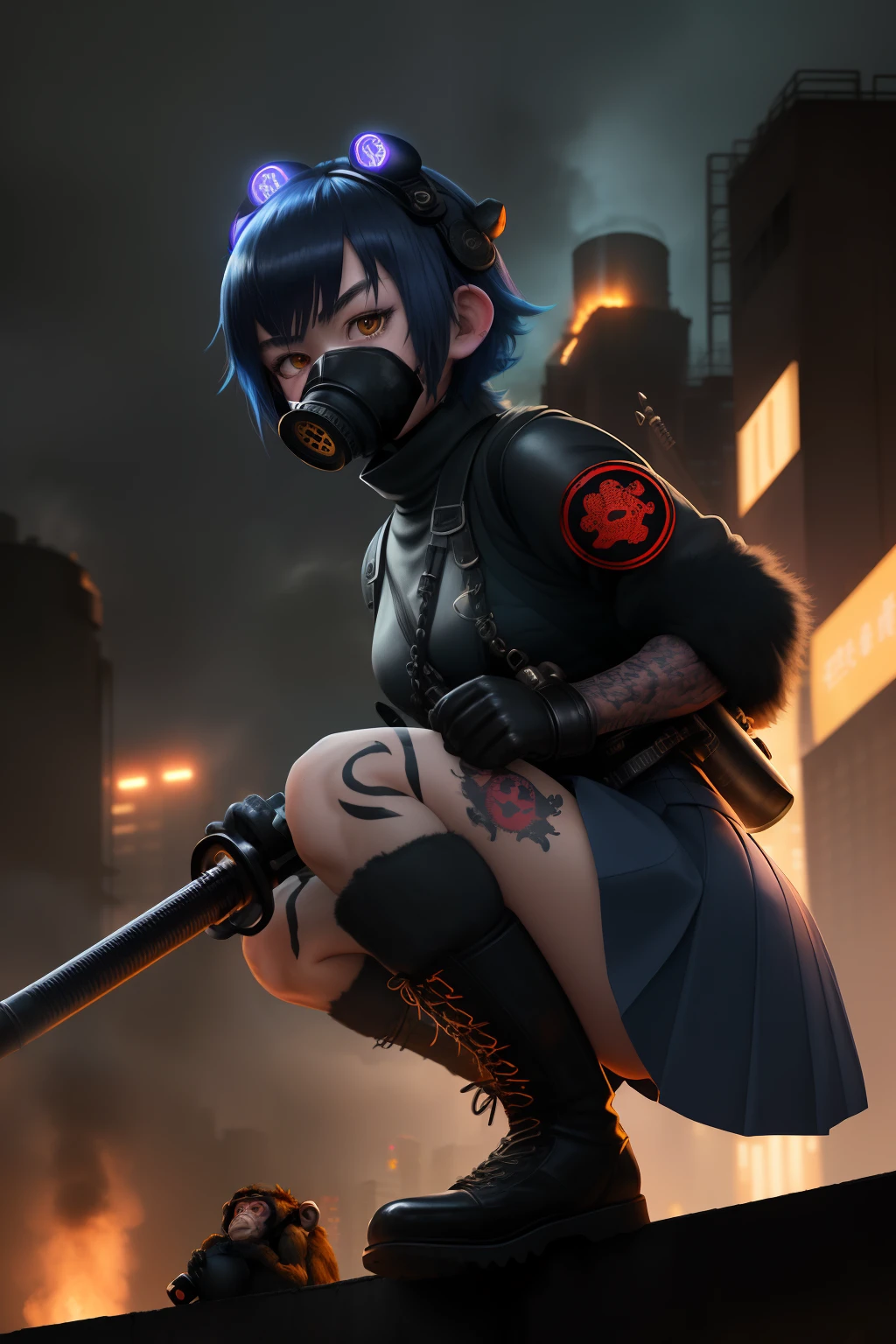 monkey gorilla、fur coat、dictator、big dragon tattoo、tattoos all over the body、shining headgear、rooftop、huge background is a neon sign、leather gloves、long boots、holding a sword from Japan、baseball armor 、rebellion、Nuclear power plant in the background、Terrorist groups、Fluorescence headgear、short hair、bleu hair、Light flamethrower fire、high school girl、、gas masks、high socks、roof at night、city in flames in the background