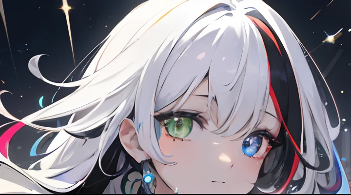 {{masterpiece}}, best quality, extremely detailed CG unity 8k wallpaper, cinematic lighting, lens flare, beautiful detail eyes, black,  side glance,  multicolor hair, colorful light, particles, heterochromia, (colorful:1.5), (colorful hair:1.5),