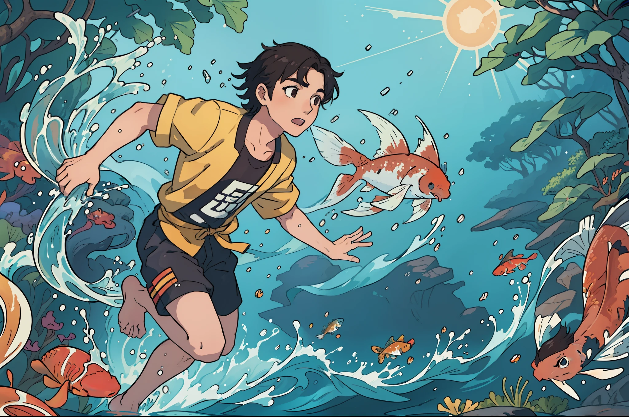 Portrait of a young man in bermudas, half body on water. He has medium long wet dark hair, athetic. Some medium and big size colourful Koi fishes diving and swimming underwater surrounding the young man, splashes of water. Japanese garden as background. Sunny day, wavy reflections of the sun underwater. Dynamic scene, colourful. Photorealistic.