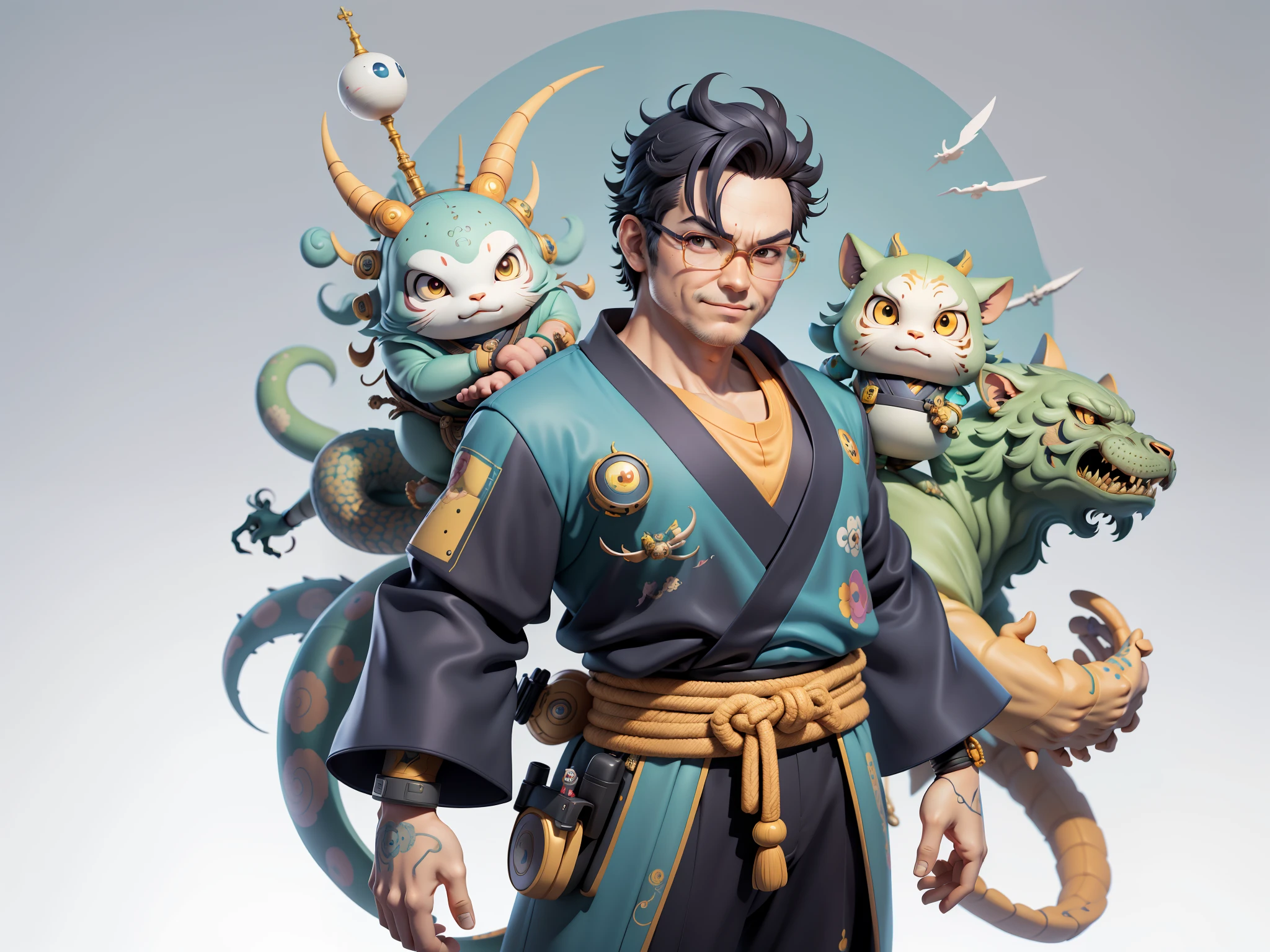 (Masterpiece), (Excellent), (Super Meticulous), (Full Body: 1.2), Super Young Man, Oriental Face, Japanese Kimono, Japanese Wind Thunder God, Dragon, Tiger, TV Anchor, Bust Portrait Illustration, Alone, Black Suit, Blue Tie, Slightly Chubby Face, Very Clean Face, No Beard, Black Super Short Hair, Black Eyes, Confident Smile, 3c Computer Sub-Products, iPad, iPhone, Digital Painting, 3D Character Design by Akira Toriyama and Mark Claireden and Pixar and Hayao Miyazaki, The illustration is a high-definition illustration in 4K resolution with very detailed facial features and cartoon-style visuals.