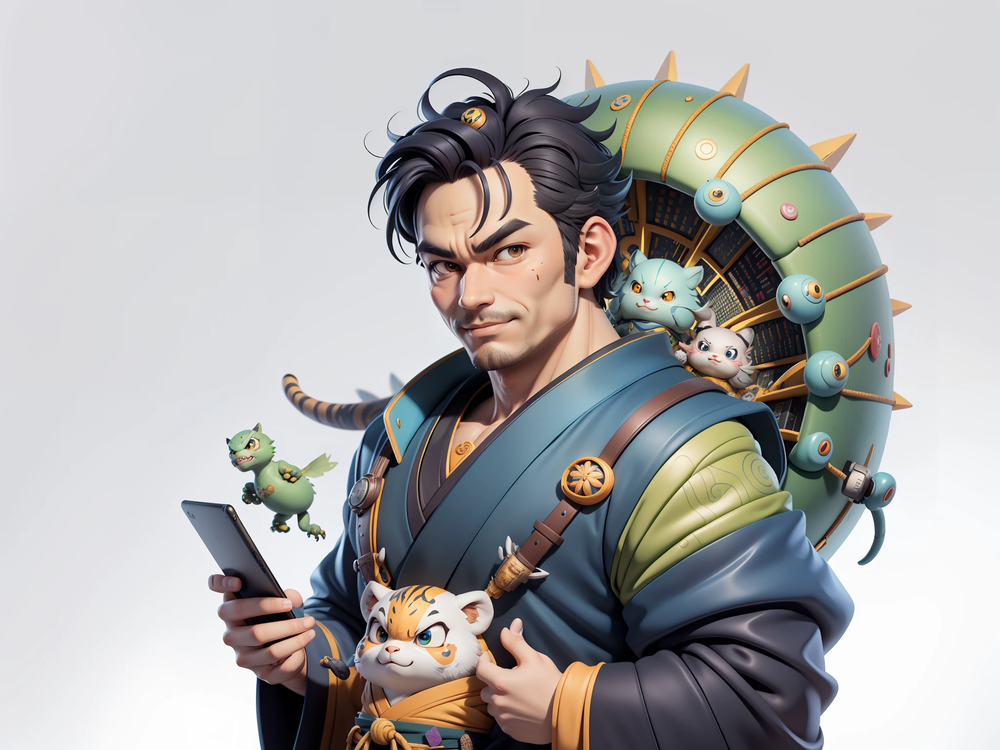 (Masterpiece), (Excellent), (Super Meticulous), (Full Body: 1.2), Super Young Man, Oriental Face, Japanese Kimono, Japanese Wind Thunder God, Dragon, Tiger, TV Anchor, Bust Portrait Illustration, Alone, Black Suit, Blue Tie, Slightly Chubby Face, Very Clean Face, No Beard, Black Super Short Hair, Black Eyes, Confident Smile, 3c Computer Sub-Products, iPad, iPhone, Digital Painting, 3D Character Design by Akira Toriyama and Mark Claireden and Pixar and Hayao Miyazaki, The illustration is a high-definition illustration in 4K resolution with very detailed facial features and cartoon-style visuals.