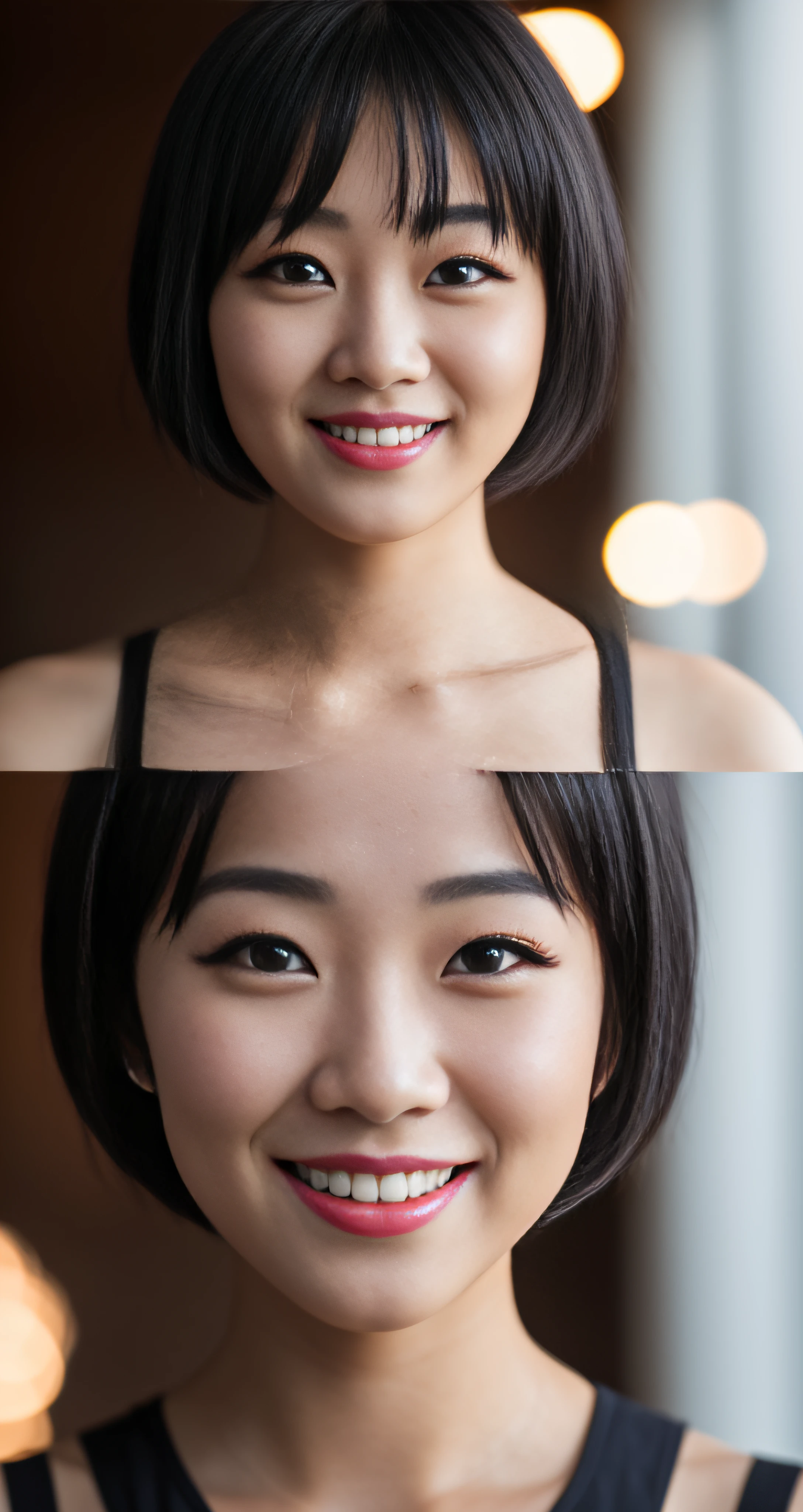 8k, RAW photo, portrait, best quality, ultra high res, photorealistic, korean,
1girl, black hair, short hair, grin, eyelashes,cinematic lighting, depth of field, lens flare,