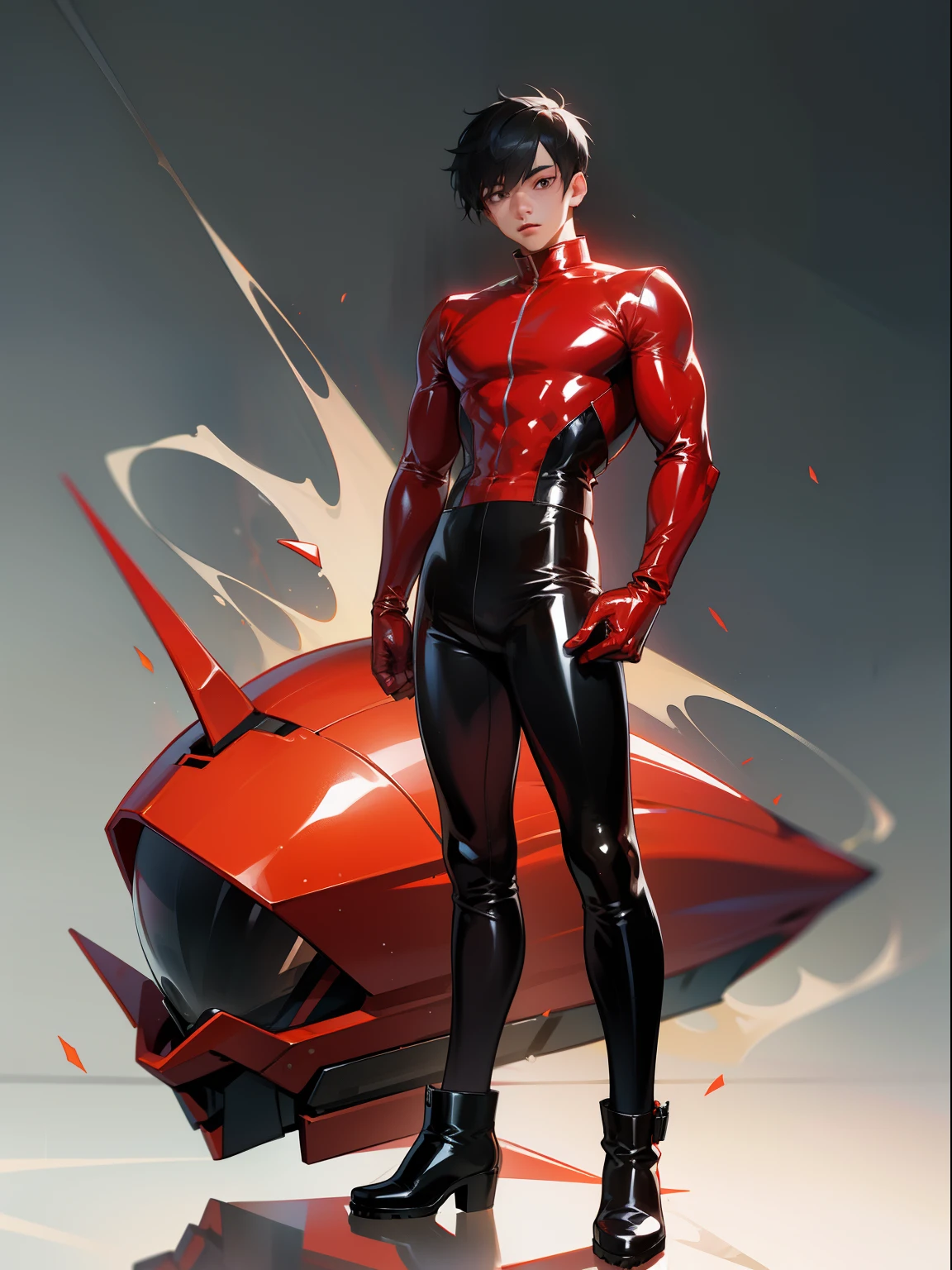Young Asian man,Full body photo,Latex clothing,army boots,short detailed hair,Muscular body,Liquid metal latex clothing