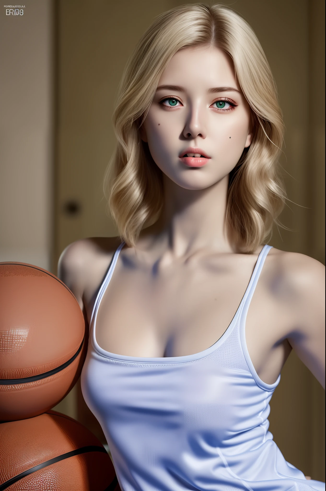 (hyperrealistic), (illustration), (high resolution), (8K), (extremely detailed), (best illustration), (beautiful detailed eyes), (best quality), (ultra-detailed), (masterpiece), (wallpaper), (photorealistic:1.3), (natural light), (rim lighting), (detailed face), high detailed realistic skin texture, anatomically correct, solo, 1 girl, (high detailed realistic short hair:1.2), (white hair:1.3), (heterochromic eyes), (detailed green eyes), (small moles under the eyes), (realistic big breasts:1.35), (cleavage), (bare shoulders), (long legs), (tight abs), (dynamic pose), (closed mouth:1.3), (tight basketball sportswear:1.35), (full body:1.3), (squating), (sexy outfits), (no ball),