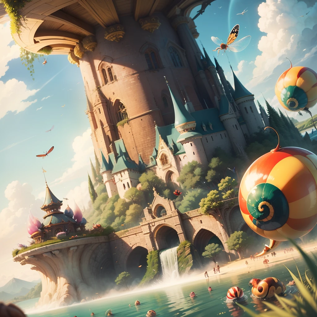 Fantasy, Cartoon illustration of a fantasy world with bizarre large snails and ladybugs and dragonflies, Flying over the surface of the lake, Everyone is cheerful and happy. close-up, cartoon style Disney Pixar. cinematic, Lots of details. Blurred fantasy background. light haze. --auto --s2