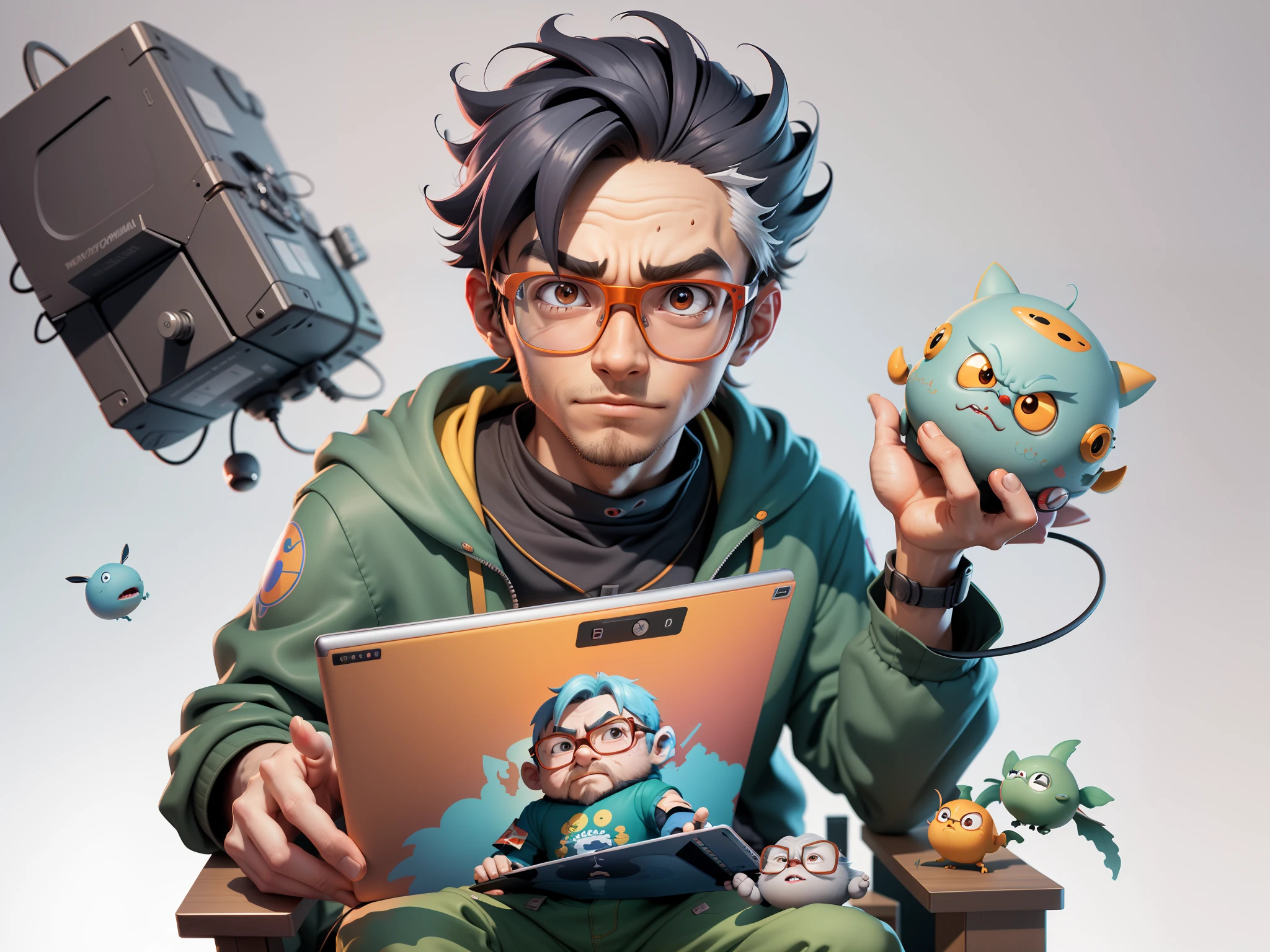 A young man with glasses sits at his desk,holding laptop,digitial painting,3D character design by Mark Clairen and Pixar and Hayao Miyazaki and Akira Toriyama,4K HD illustration,Very detailed facial features and cartoon-style visuals。