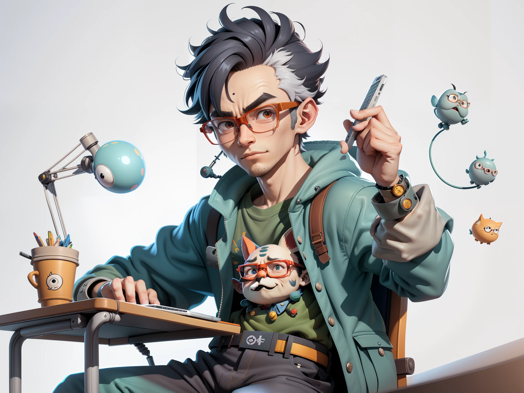 A young man with glasses sits at his desk,holding laptop,digitial painting,3D character design by Mark Clairen and Pixar and Hayao Miyazaki and Akira Toriyama,4K HD illustration,Very detailed facial features and cartoon-style visuals。