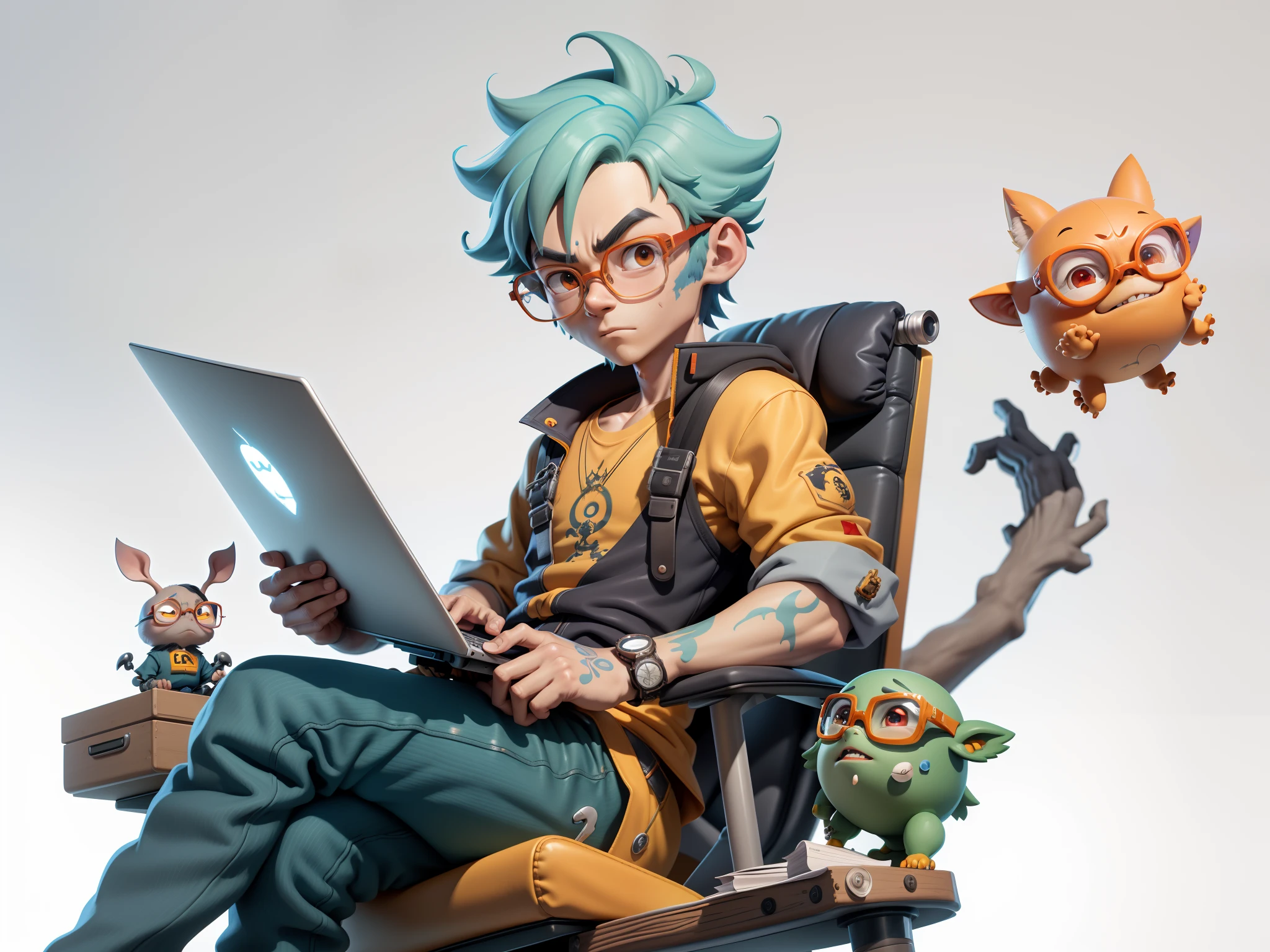 A young man with glasses sits at his desk,holding laptop,digitial painting,3D character design by Mark Clairen and Pixar and Hayao Miyazaki and Akira Toriyama,4K HD illustration,Very detailed facial features and cartoon-style visuals。