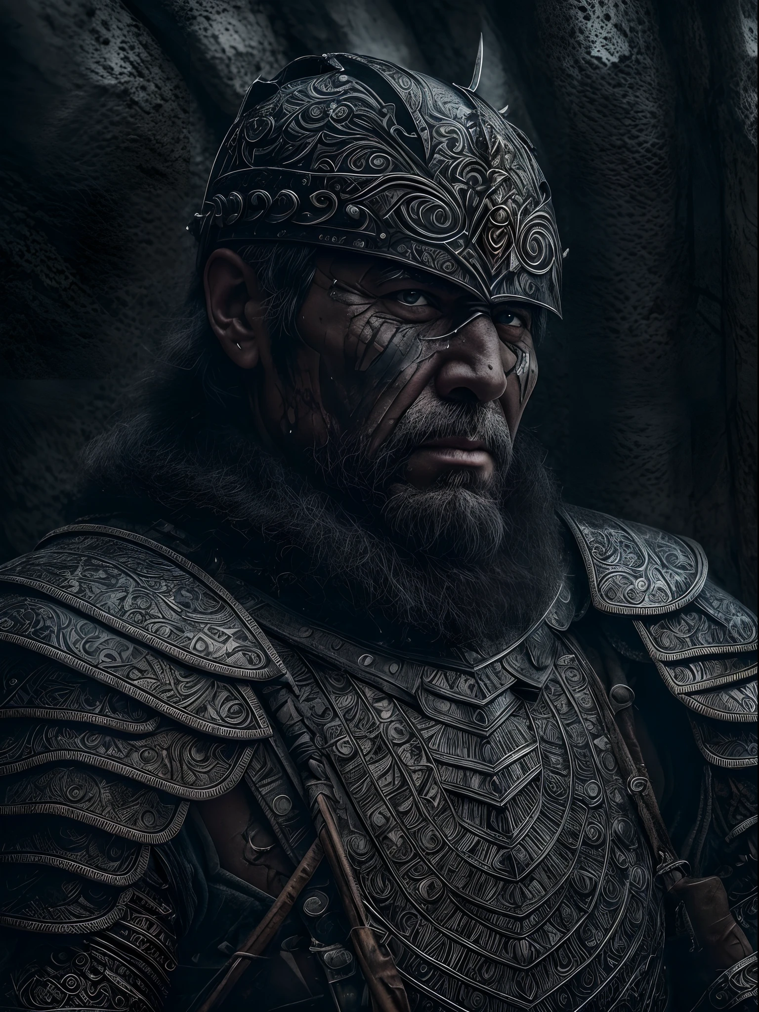 a highly detailed portrait of a man warrior with a scarred face in intricate black plate armor, mysterious dark nature background, high resolution, 4k, 8k