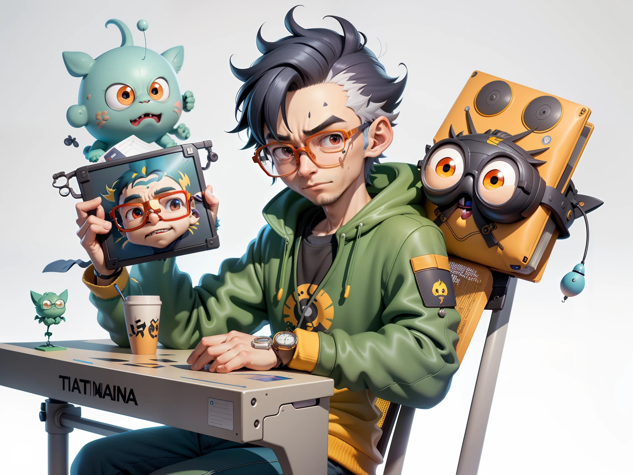 A young man with glasses sits at his desk，holding laptop，digitial painting，3D character design by Mark Clairen and Pixar and Hayao Miyazaki and Akira Toriyama，4K HD illustration，Very detailed facial features and cartoon-style visuals。