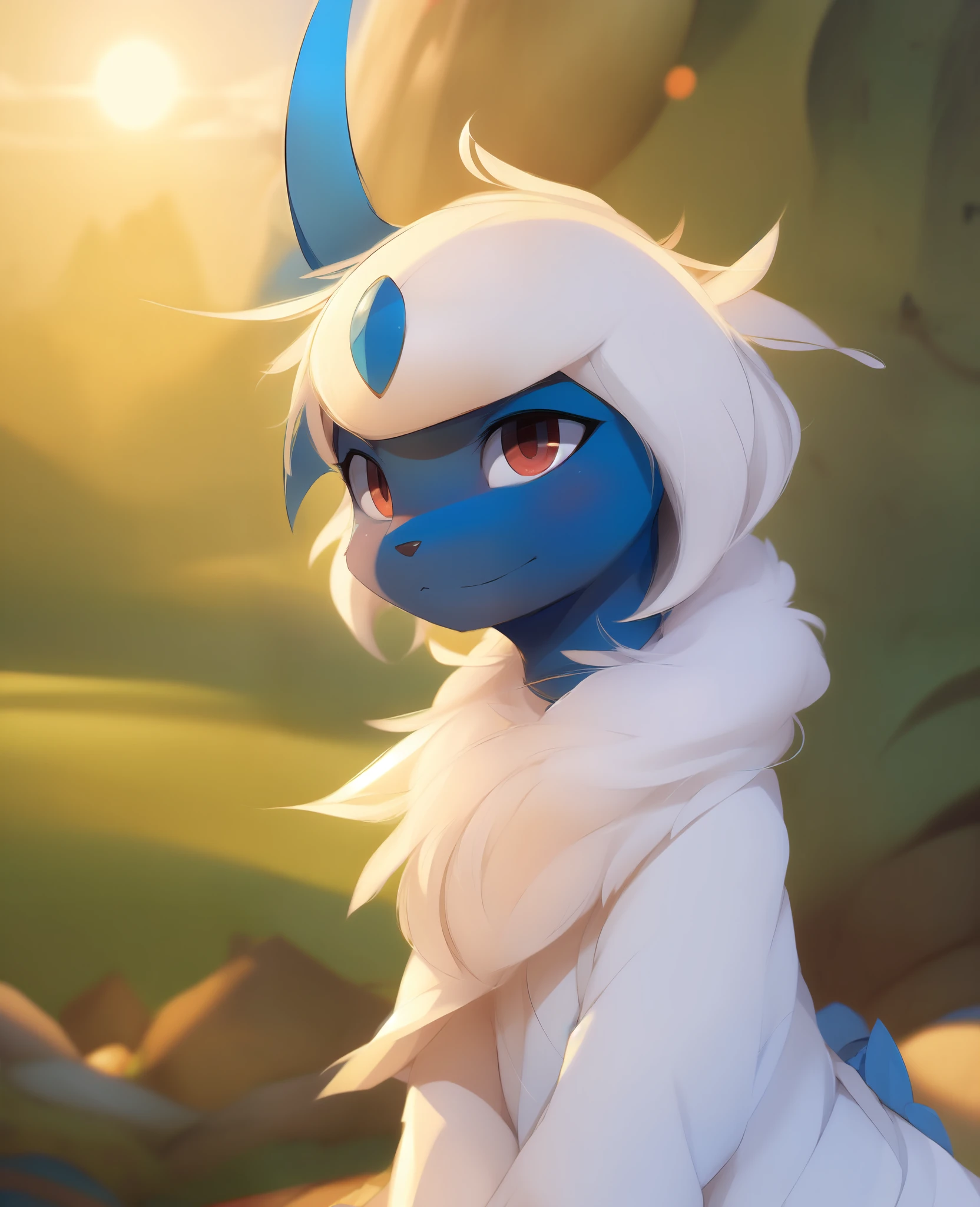 Absol, Pokemon, white fur, grayish horn, red eyes, smiling, cute, masterpiece, full body,, , cinematic lighting, by woolrool, crayon \(artist\), buta99, detailed background, outdoors, blue eyes,, [by dagasi|ancesra:0.5], (by einshelm|by tom_fischbach)]