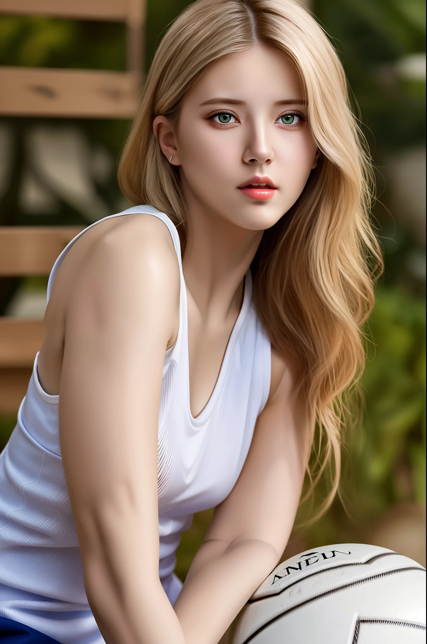 (hyperrealistic), (illustration), (high resolution), (8K), (extremely detailed), (best illustration), (beautiful detailed eyes), (best quality), (ultra-detailed), (masterpiece), (wallpaper), (photorealistic), (natural light), (rim lighting), (detailed face), high detailed realistic skin texture, anatomically correct, solo, 1girl, (high detailed realistic short hair), (white hair), (heterochromic eyes), (detailed green eyes), (small moles under the eyes), (realistic big breasts:1.3), (cleavage), (bare shoulders), (long legs), (tight abs), (dynamic pose), (closed mouth:1.3), (tight basketball sportswear), (full body), (squating), (sexy outfits), (no ball), (tight clothes),
