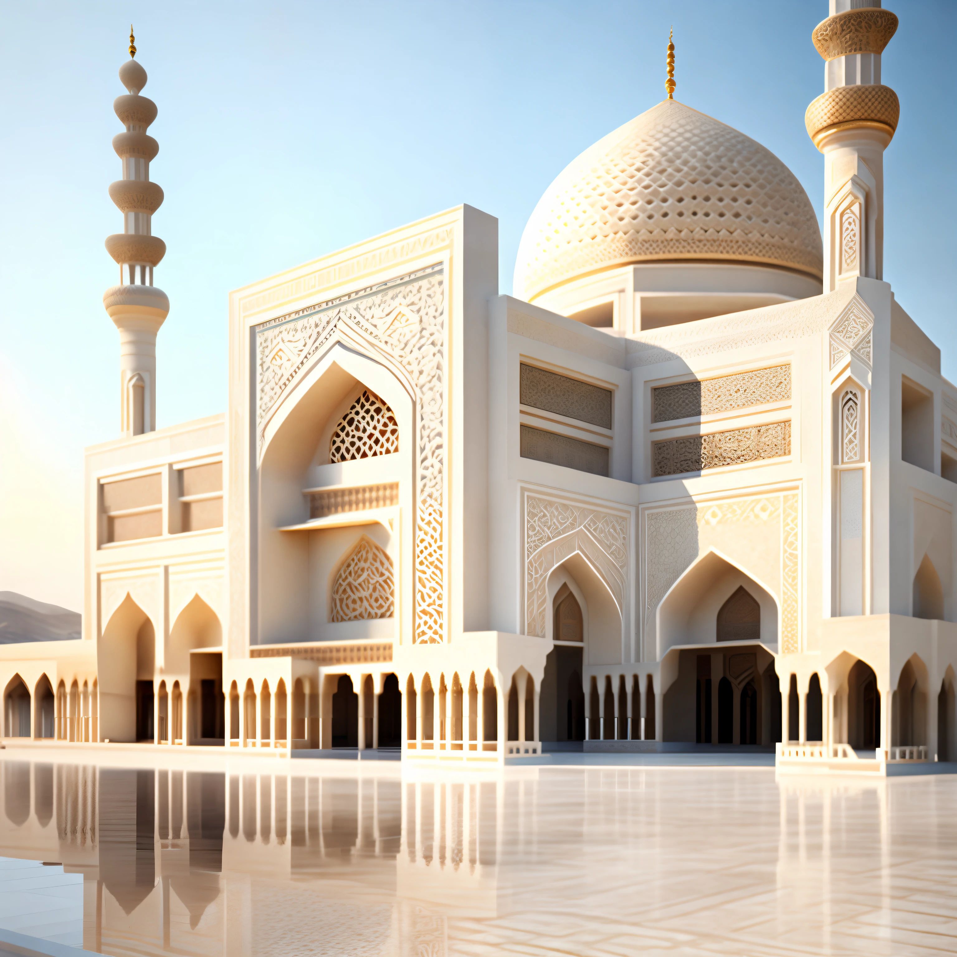 The image of the mosque from the outside, Huge and beautiful building, Natural carved stone construction, Arabic Mosque, Iranian building, Persian Building, Islamic inscriptions, Design of the best architects, Marble flooring, Architectural masterpiece, Photo of the entire building, Realistic, Full and accurate details, Best Quality Building Stones, 巨作, architecture, Natural colors