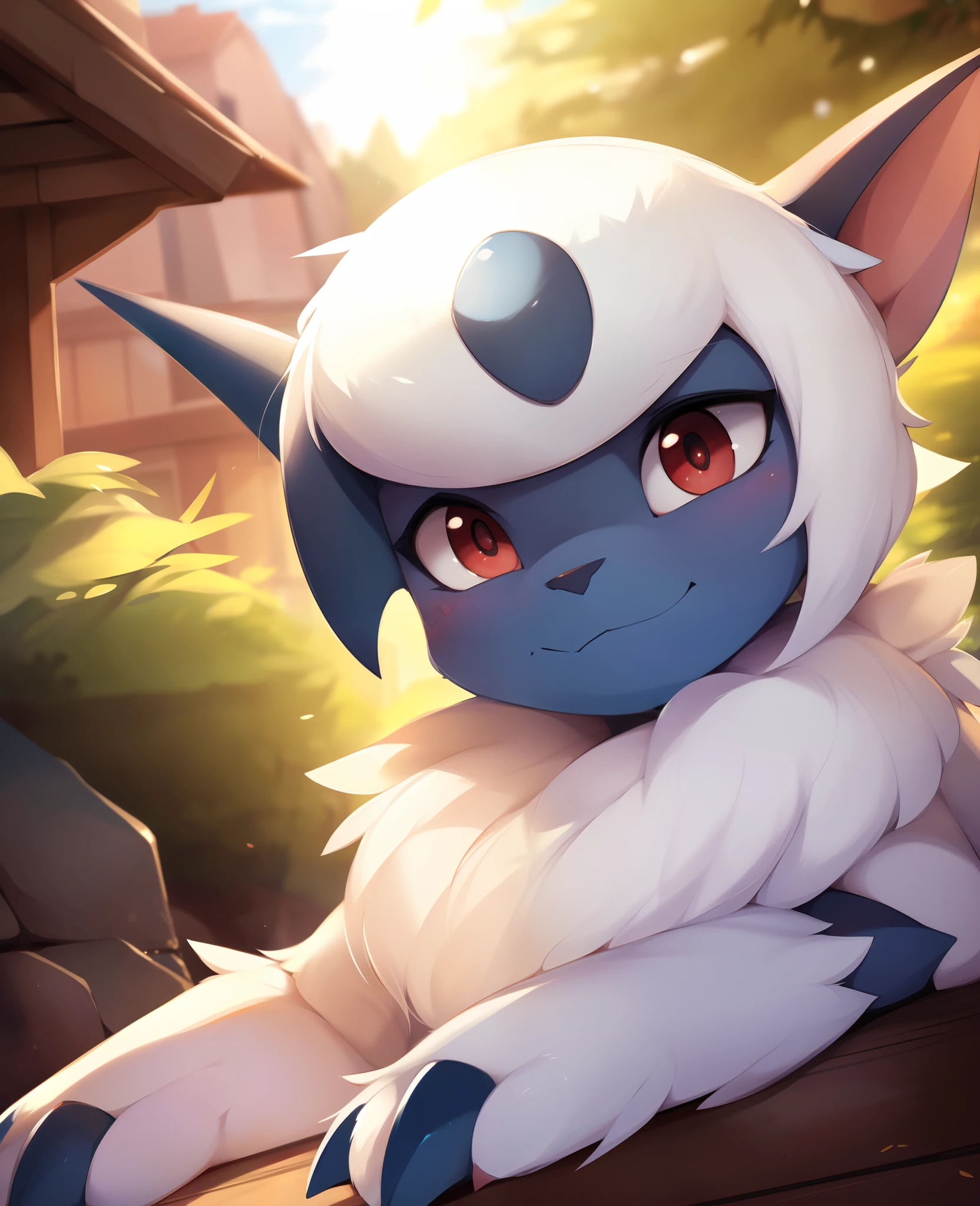 Absol, Pokemon, white fur, grayish horn, red eyes, smiling, cute, masterpiece, full body,, , cinematic lighting, by woolrool, crayon \(artist\), buta99, detailed background, outdoors, blue eyes,, [by dagasi|ancesra:0.5], (by einshelm|by tom_fischbach)]