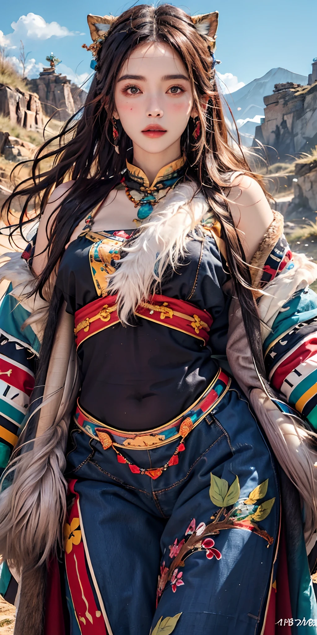 photorealistic, high resolution, soft light,1women, solo, hips up, shining skin, (detailed face), plateau,blue sky,grassland,extreme detailed,torogao, tibet clothes, fur coat, jewelry, tattoo