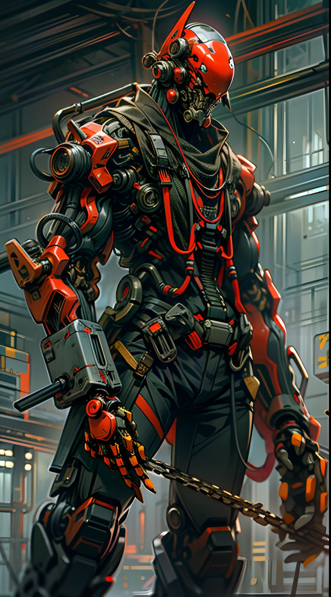 Dark_Fantasy,Cyberpunk,(chain saw,chain saw man,Red:1.1),1man,Mechanical marvel,Robotic presence,Cybernetic guardian,