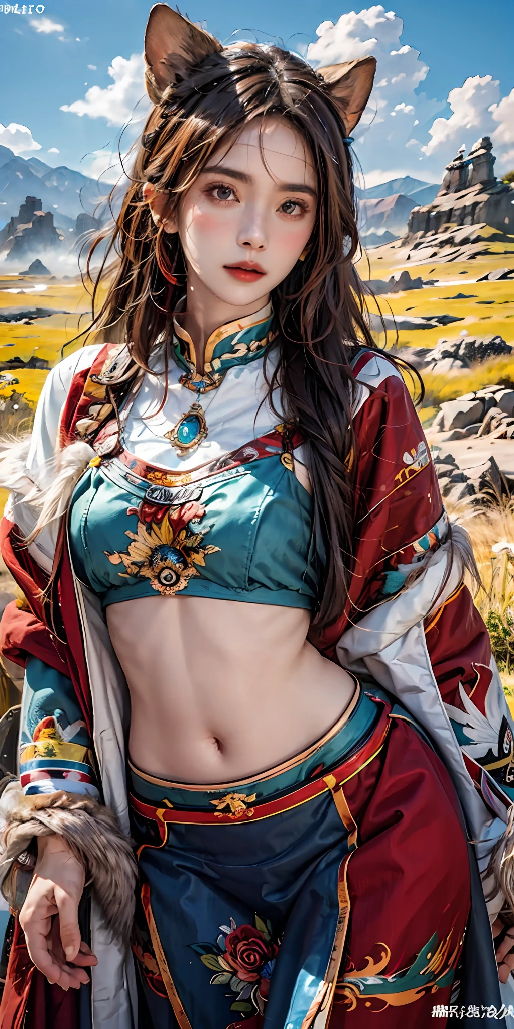 photorealistic, high resolution, soft light,1women, solo, hips up, shining skin, (detailed face), plateau,blue sky,grassland,extreme detailed,torogao, tibet clothes, fur coat, jewelry, tattoo