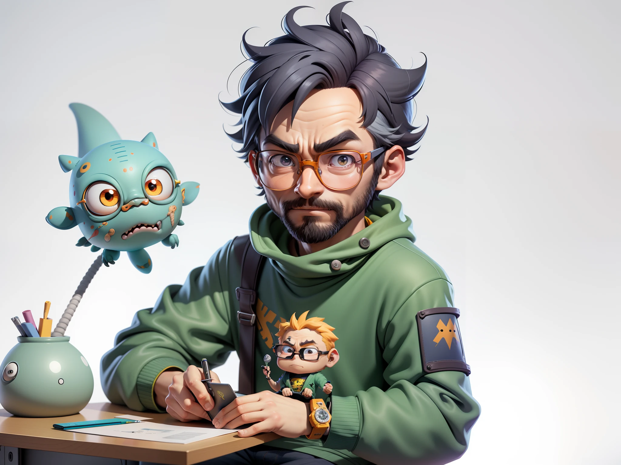 A young man with glasses sits at his desk，holding laptop，digitial painting，3D character design by Mark Clairen and Pixar and Hayao Miyazaki and Akira Toriyama，4K HD illustration，Very detailed facial features and cartoon-style visuals。