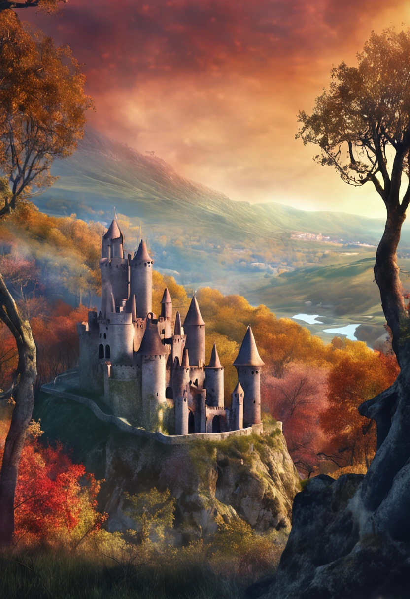 /imagine prompt: Uma paisagem deslumbrante de um castelo medieval no topo de uma colina, cercado por uma floresta densa e misteriosa, soft mist covering the valley below, conveying a sense of mystery and history, Pintura, aquarela em papel texturizado, --ar 16:9 --v 5