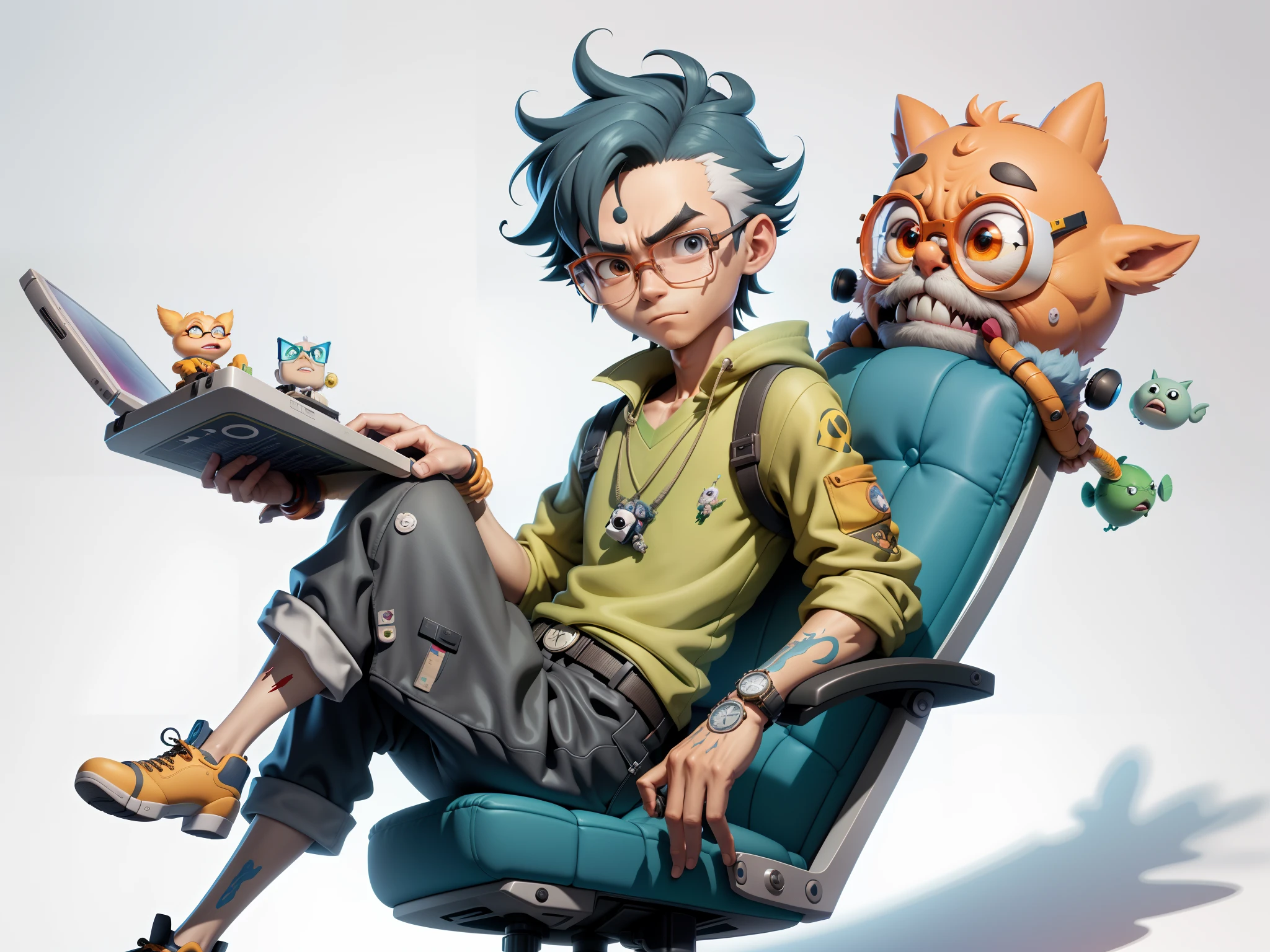 A young man with glasses sits at his desk,holding laptop,digitial painting,3D character design by Mark Clairen and Pixar and Hayao Miyazaki and Akira Toriyama,4K HD illustration,Very detailed facial features and cartoon-style visuals。