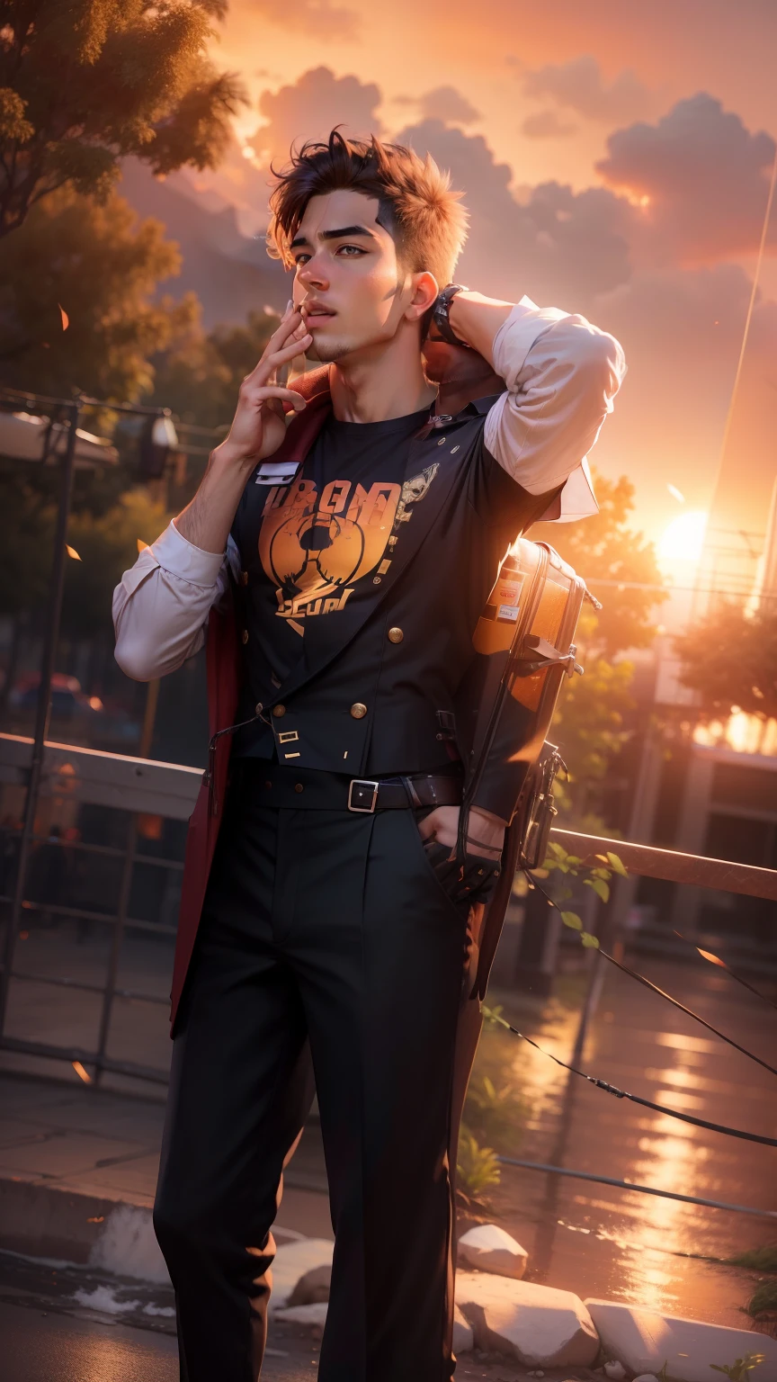 Change background to sunset , handsome boy , realistic face , 8k