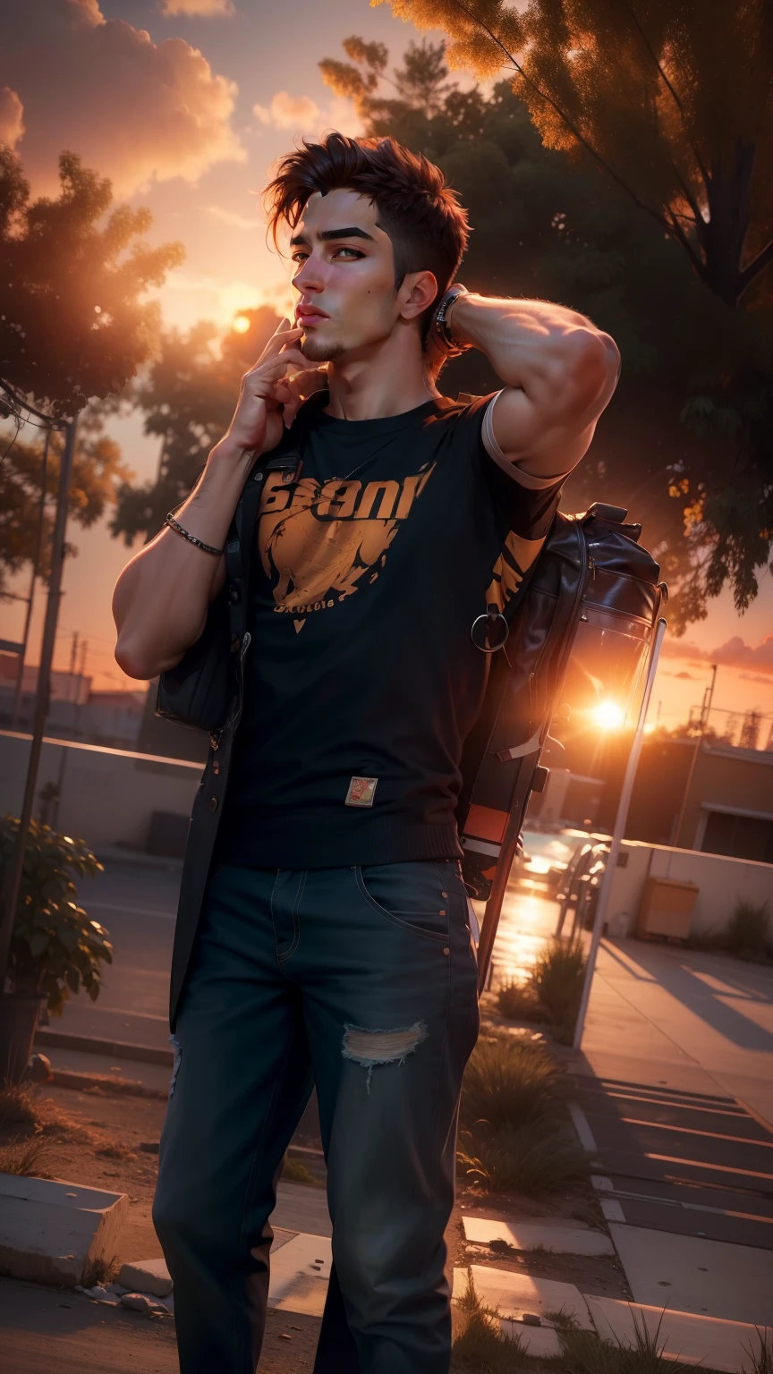 Change background to sunset , handsome boy , realistic face , 8k