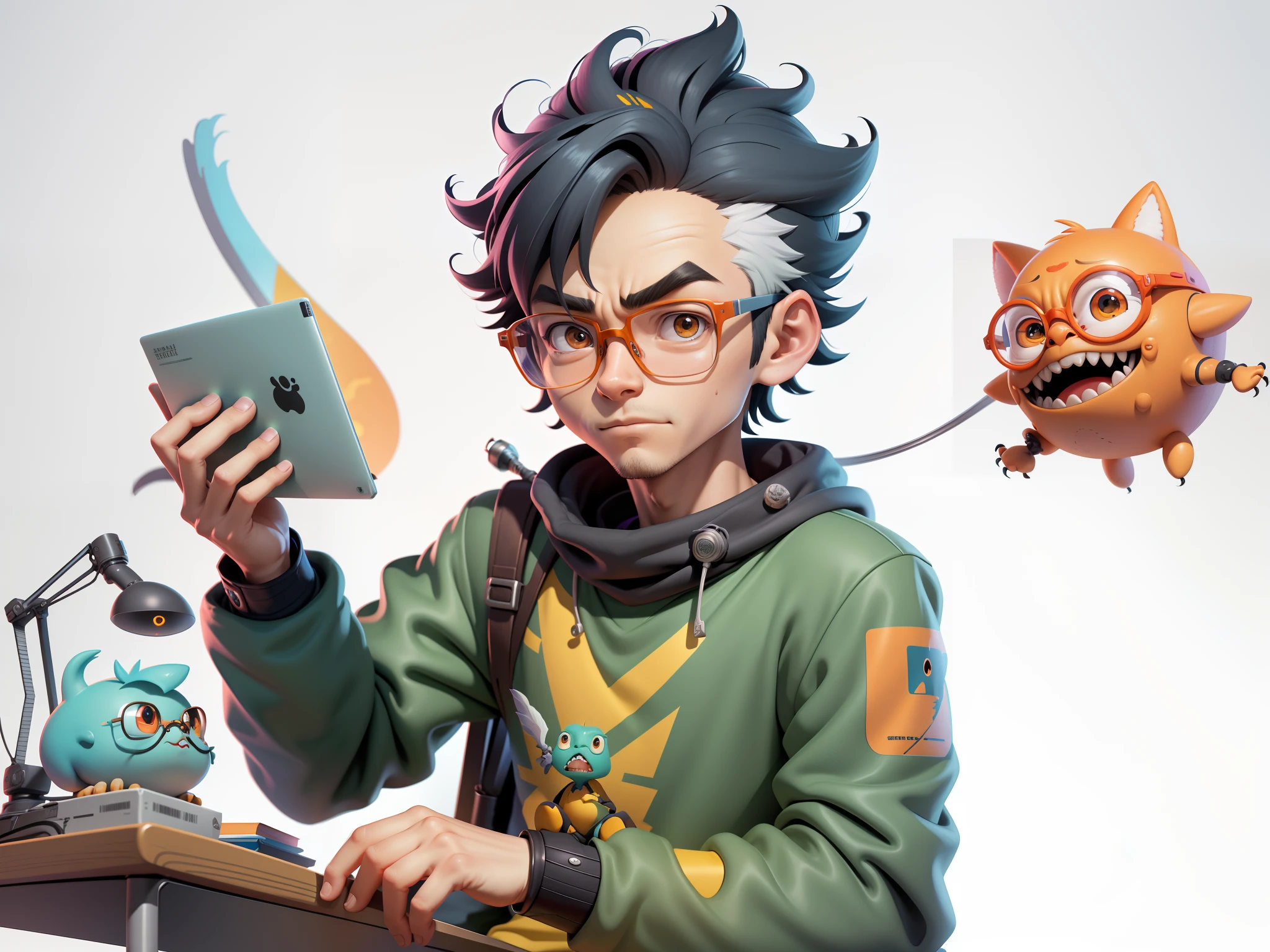 A young man with glasses sits at his desk,holding laptop,digitial painting,3D character design by Mark Clairen and Pixar and Hayao Miyazaki and Akira Toriyama,4K HD illustration,Very detailed facial features and cartoon-style visuals。