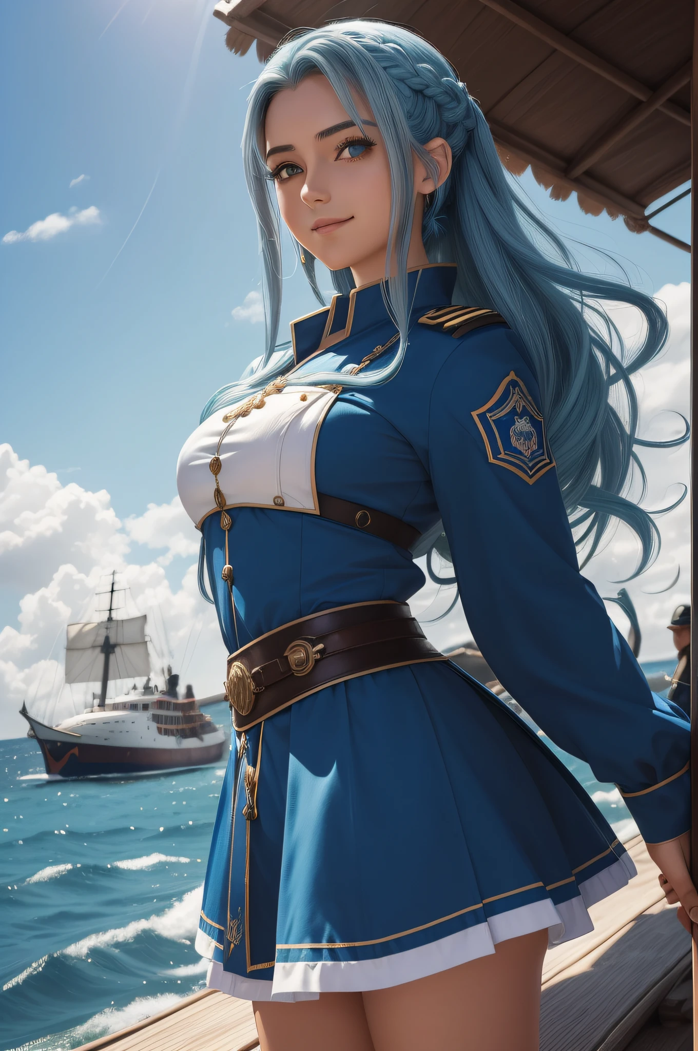 (retrato de uma mulher marinheira) |(modelo|personagem de anime|desenho animado|illustration) ,
(personagem de anime|mulher|garota|jovem mulher) usando (roupa de marinheiro|uniforme de marinheiro),
(cabelo|cabelos|penteado) longo e  
(cor de cabelo azul:1.2|azul:1.2),
(olhos azuis|olhar azul),
(sorrindo|feliz),
(standingn|standing position|postura ereta),
(em frente a um(a)|ao lado de um(a)|behind a(a)) (barco|navio|galleon).