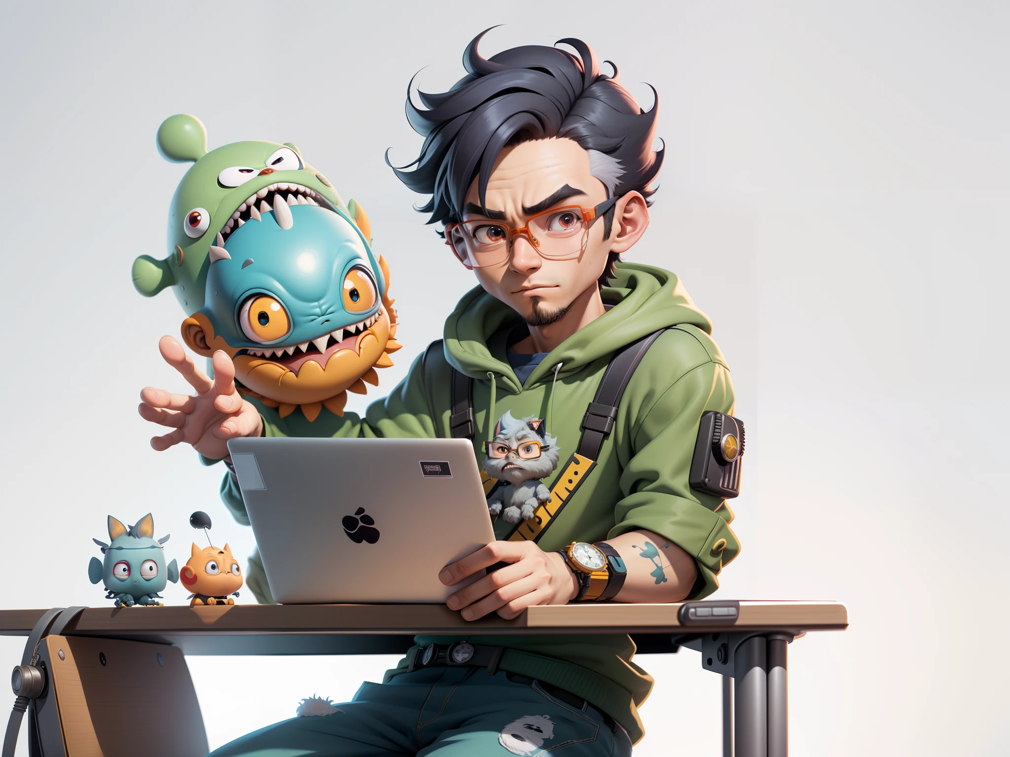 A young man with glasses sits at his desk,holding laptop,digitial painting,3D character design by Mark Clairen and Pixar and Hayao Miyazaki and Akira Toriyama,4K HD illustration,Very detailed facial features and cartoon-style visuals。