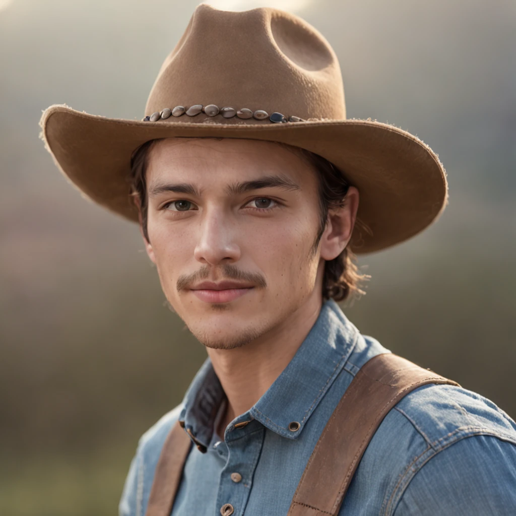A photorealistic portrait of a young man in a rancher clothes', a tan shirt, suspenders and blue jeans wearing a rancher hat, hyper realistic, photorealistic, natural hair, natural face, mustache, sideburns, big depth of field, hyper detailed, dennis weaver, sun beaten