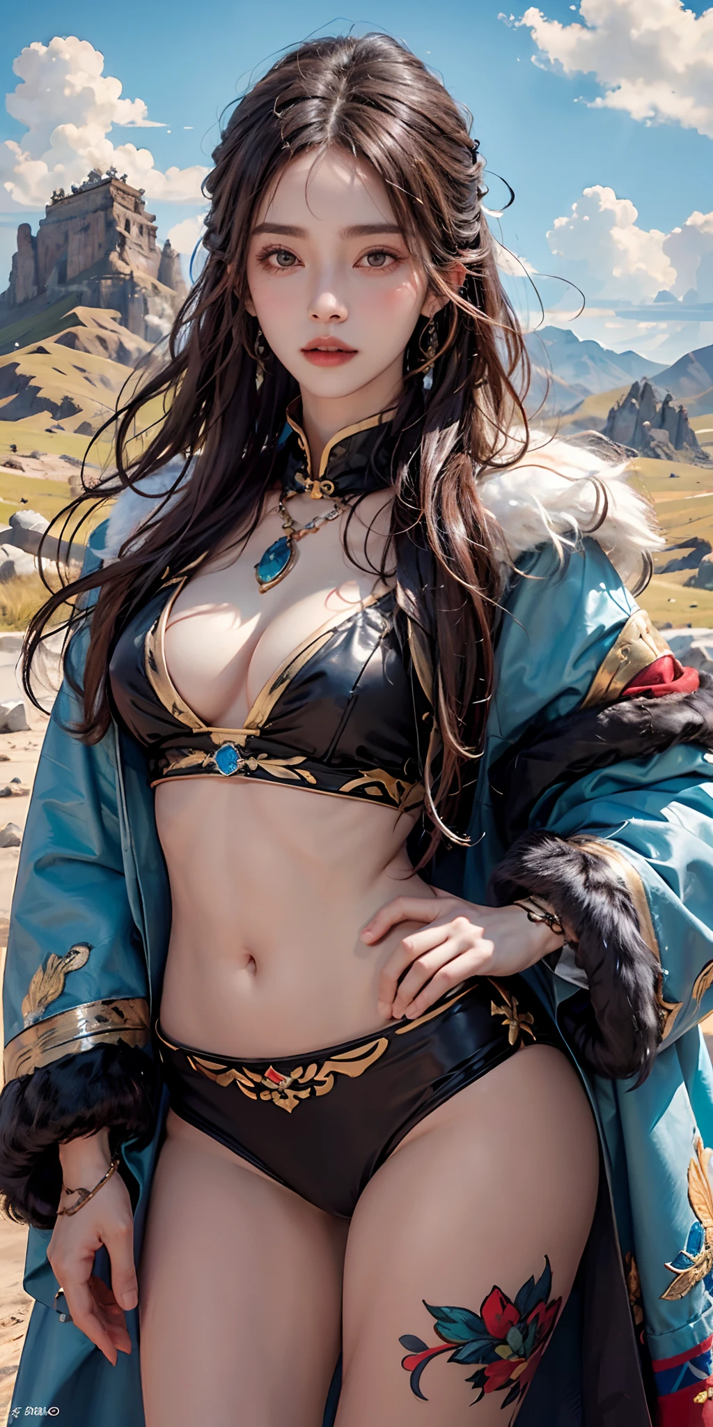 photorealistic, high resolution, soft light,1women, solo, hips up, shining skin, (detailed face), plateau,blue sky,grassland,extreme detailed,torogao, tibet clothes, fur coat, jewelry, tattoo