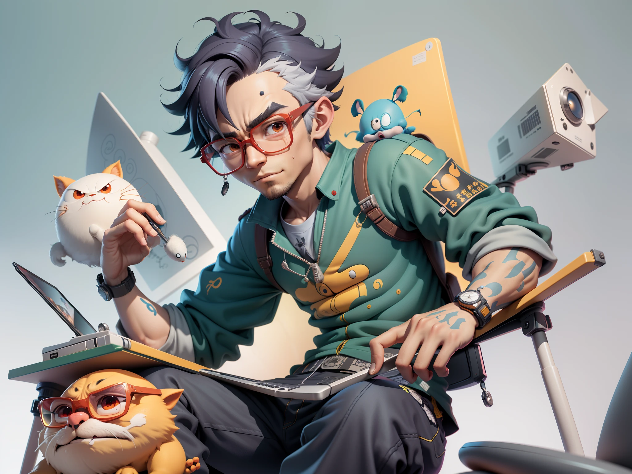 A young man with glasses sits at his desk,holding laptop,digitial painting,3D character design by Mark Clairen and Pixar and Hayao Miyazaki and Akira Toriyama,4K HD illustration,Very detailed facial features and cartoon-style visuals。