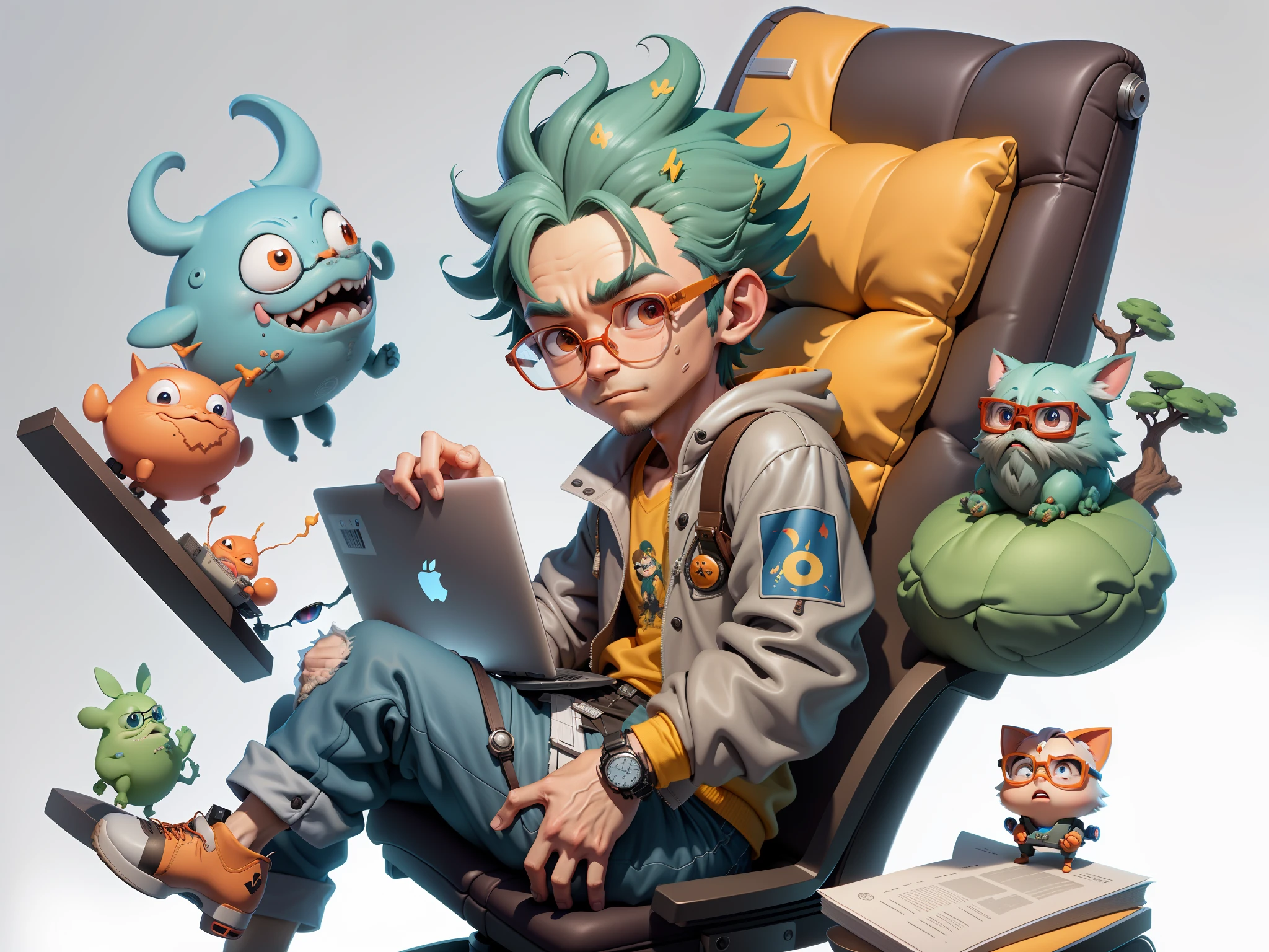 A young man with glasses sits at his desk，holding laptop，digitial painting，3D character design by Mark Clairen and Pixar and Hayao Miyazaki and Akira Toriyama，4K HD illustration，Very detailed facial features and cartoon-style visuals。