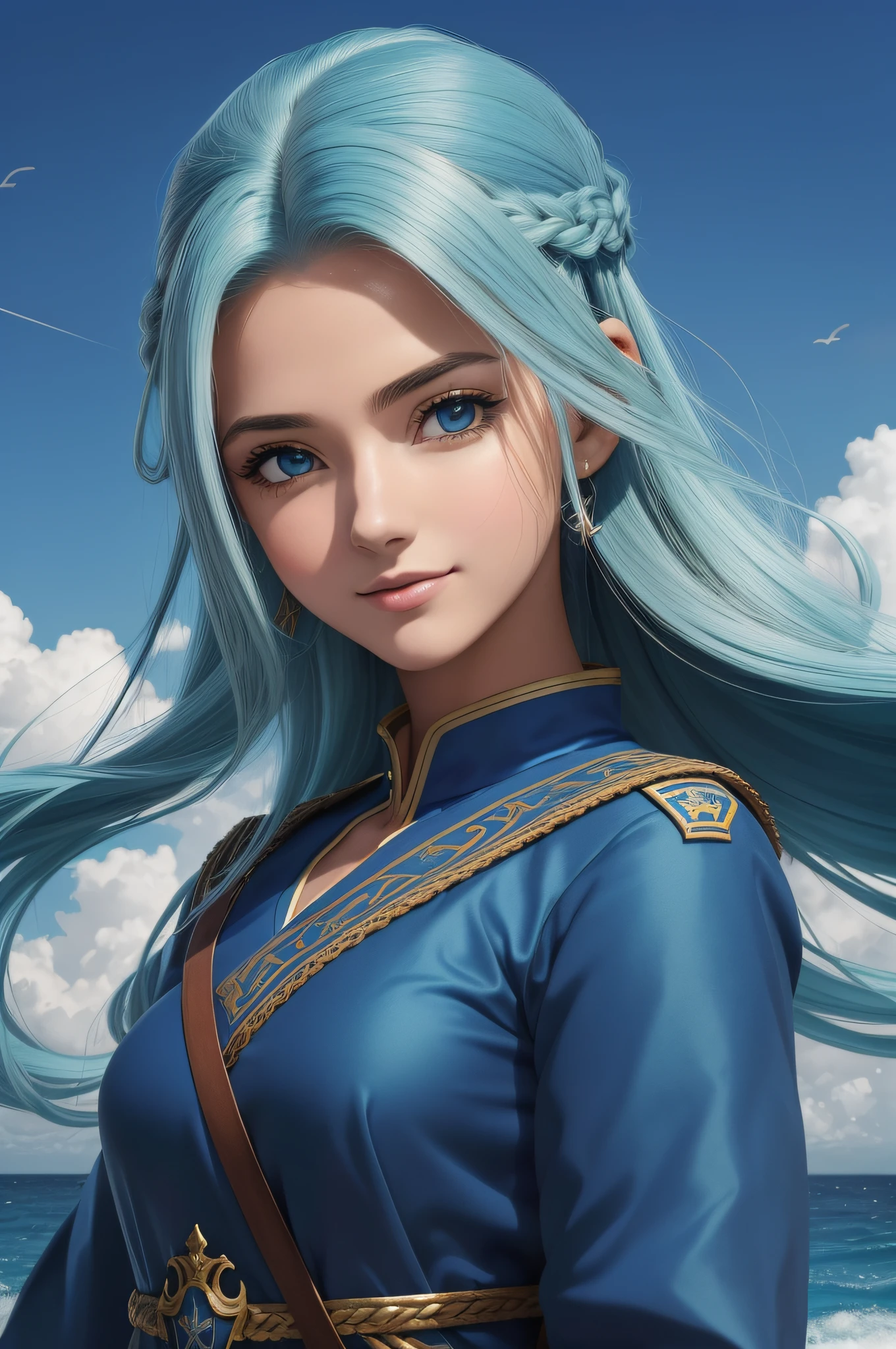 (retrato de uma mulher marinheira) |(modelo|personagem de anime|desenho animado|illustration) ,
(personagem de anime|mulher|garota|jovem mulher) usando (roupa de marinheiro|uniforme de marinheiro),
(cabelo|cabelos|penteado) longo e
(cor de cabelo azul:1.2|azul:1.2),
(olhos azuis|olhar azul),
(sorrindo|feliz),
(standingn|standing position|postura ereta),
(em frente a um(a)|ao lado de um(a)|behind a(a)) (barco|navio|galleon).