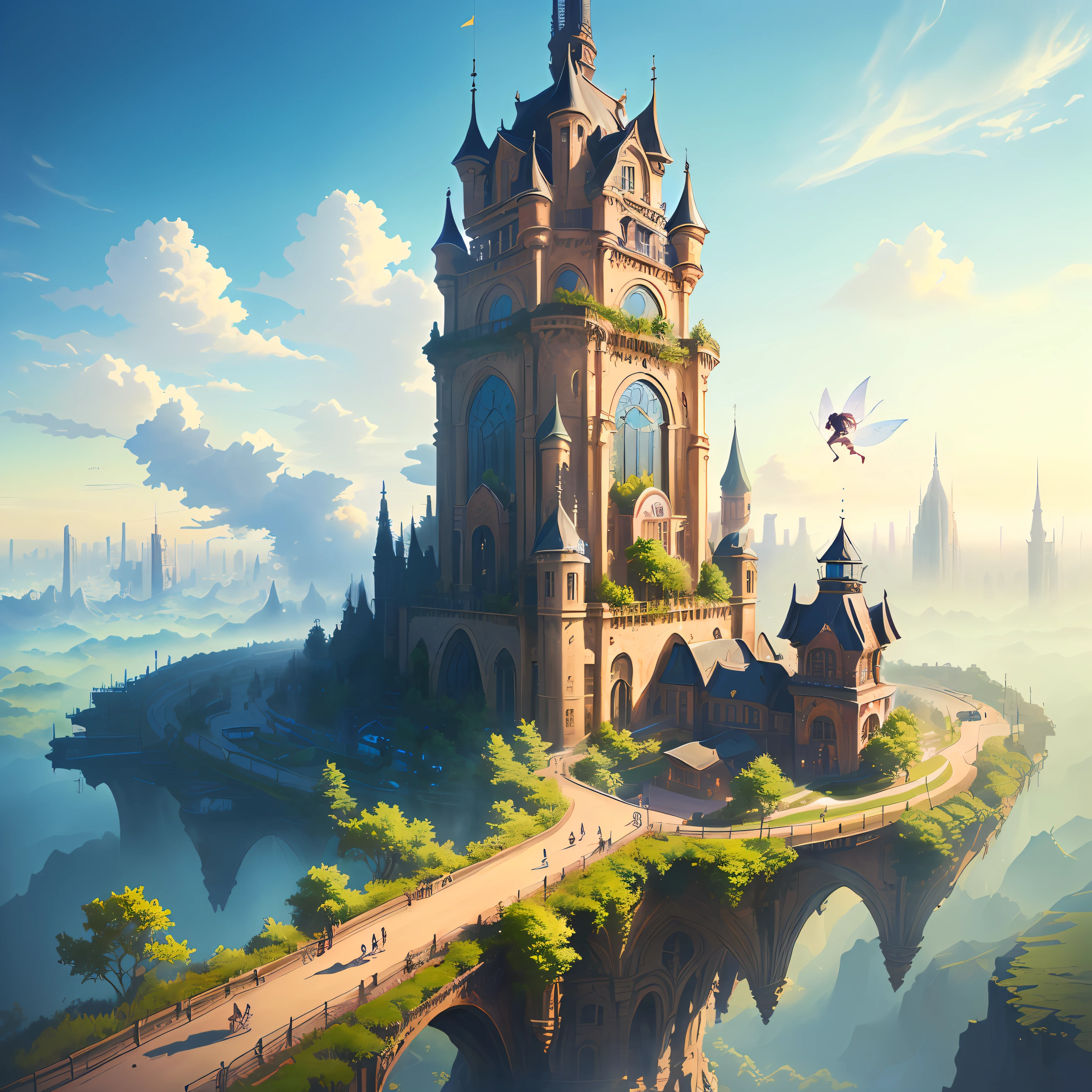 ((masutepiece)),((Best Quality)),((high detial)),((Realistic,))
Cities in a fantasy world, Fantastic tower in the middle, bru,Running child,Flying Fairy