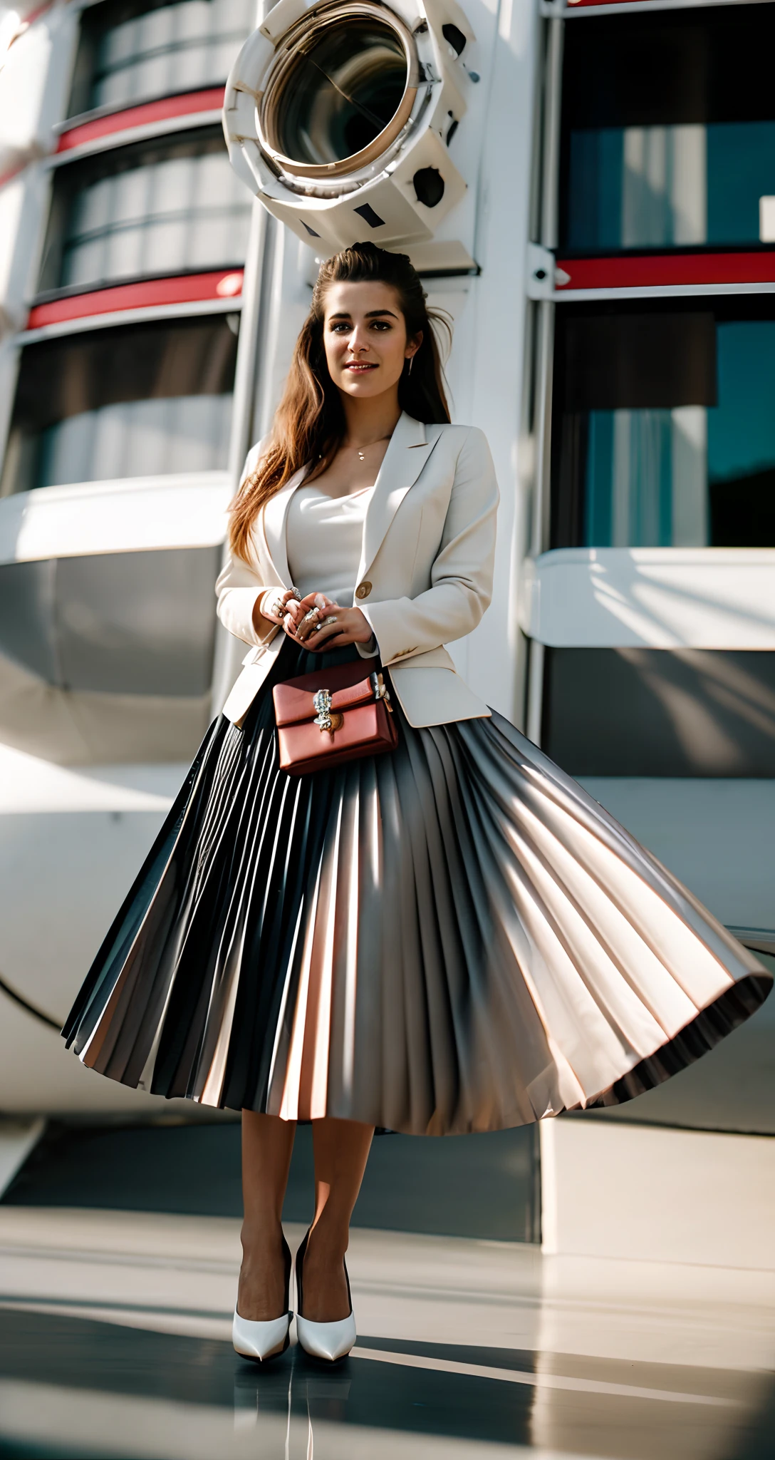 very (flirty:1,5) smiling good woman wearing a short blazer with a very very detailed (long (fully pleated) full circle skirt) and (simple) low heeled office shoes, very very intricate hyper-detailed symmetric (attractive graceful young feminine face) with (sad, tired eyes and a shy smile), large breasts, full of empathy and compassion and love, (pronounced (feminine) features), (highly detailed ultra accurate realistic) hands and fingers, (windy conditions and wind blowing), epic composition, highly detailed attributes, highly detailed atmosphere, (35mm f1.4 Kodak portra 400 photograph), extremely high quality RAW photograph, (deep space travel),