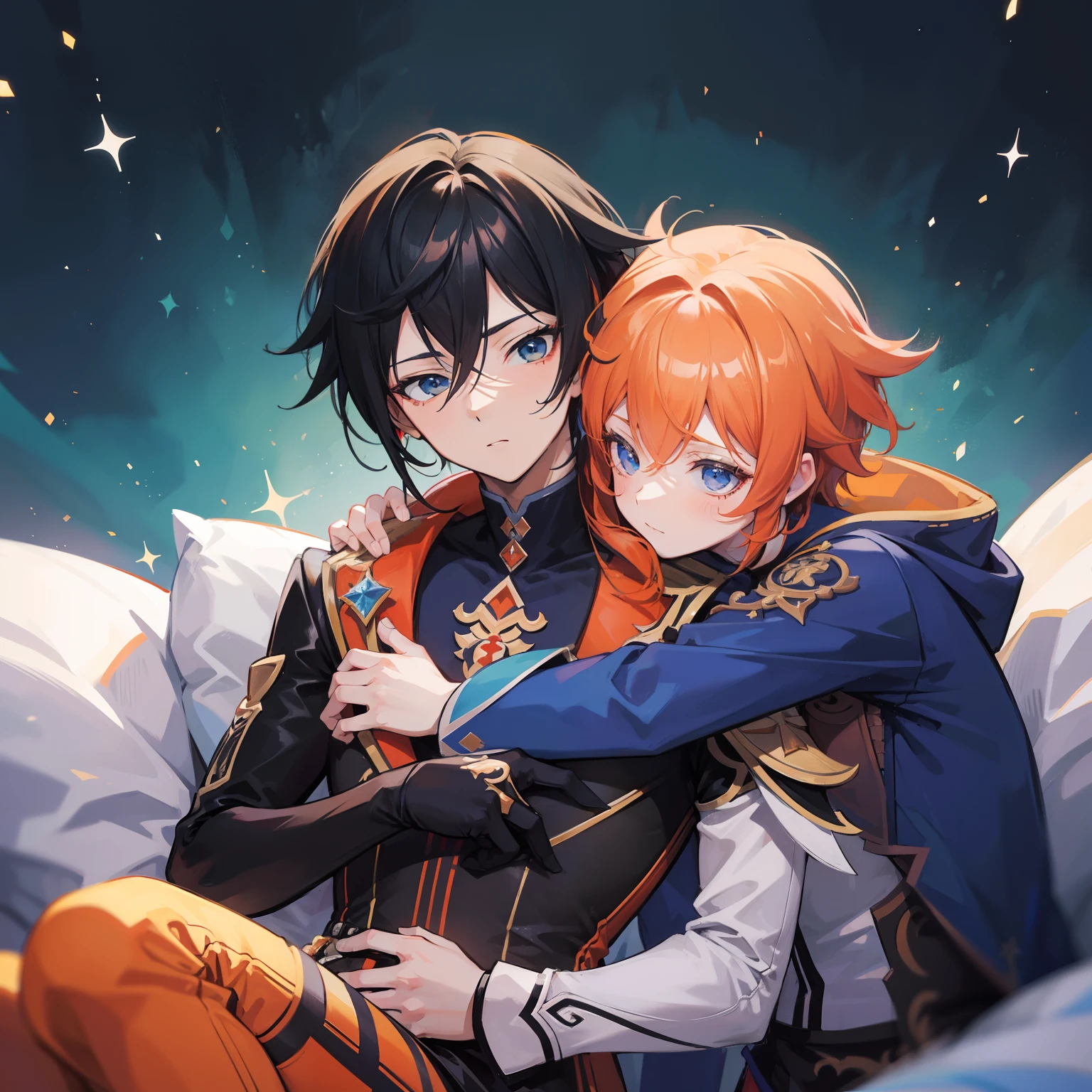 Tartaglia, orange hair, Two guys, cuddling, Skirmish, black  hair, Anime style, Disney style, Two guys, 1two boys, characters from the game Genshin impact