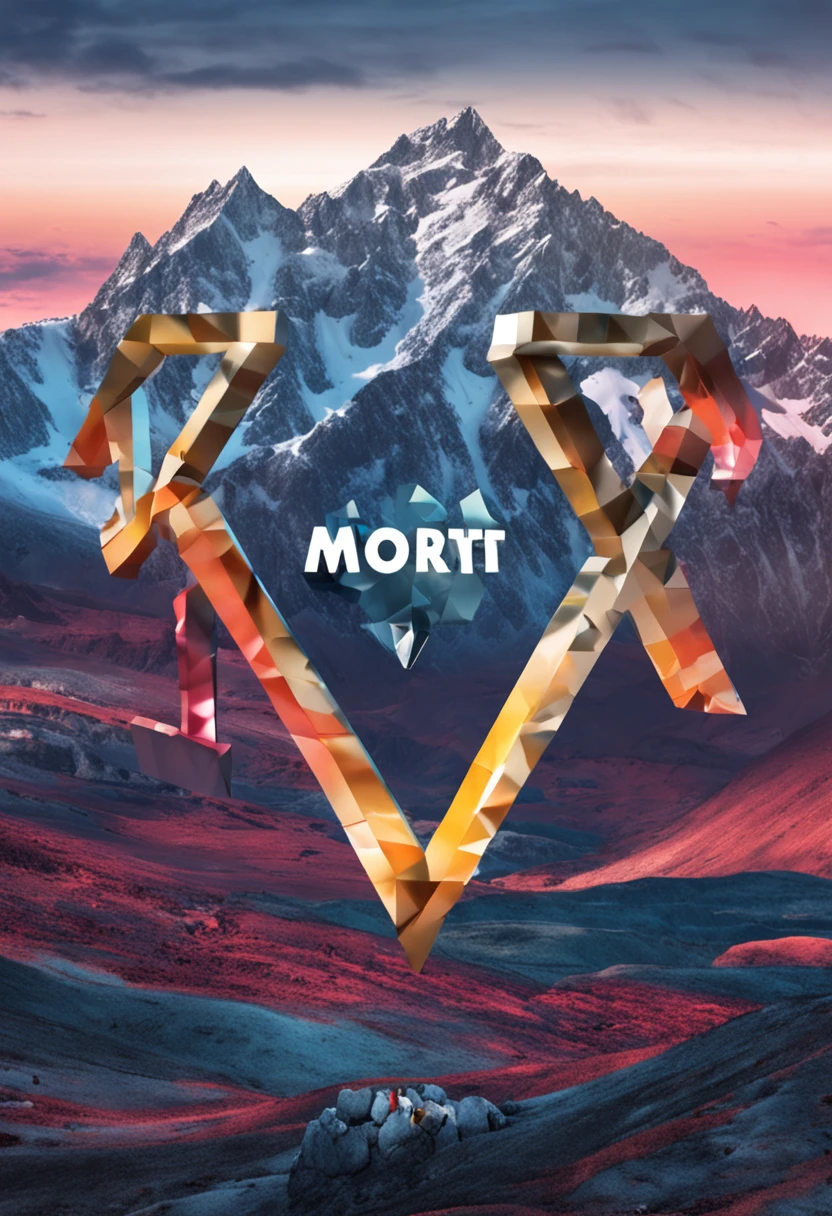 Scenic backdrop of snow mountains with "MORT" overlayed across the image in glass, blocky letters
