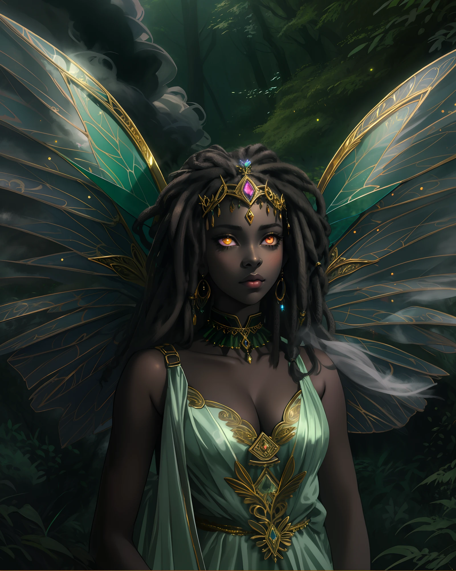 sad hyper realistic, beautiful sad african american dark cloud fairy sark princess fairy, large fairy wings, long silver shiny dreadlocks, golden gold glowing eyes eyes, surrounded my dark thick smoke in a green dark forest, GIANT FAIRY WINGS, holding a white storm cloud, masterpiece, cinematic,