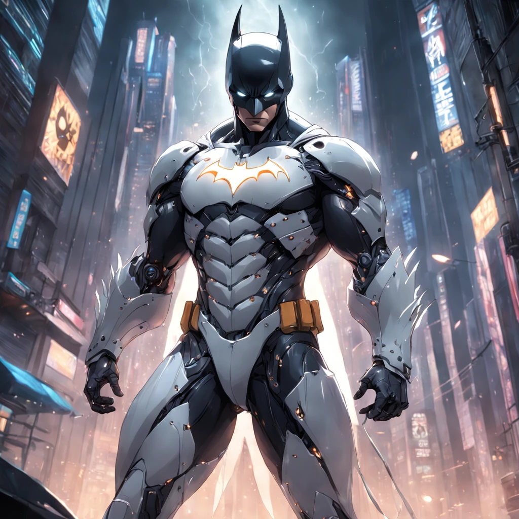 A realistic depiction of an advanced cybernetic suit wearing white Batman.