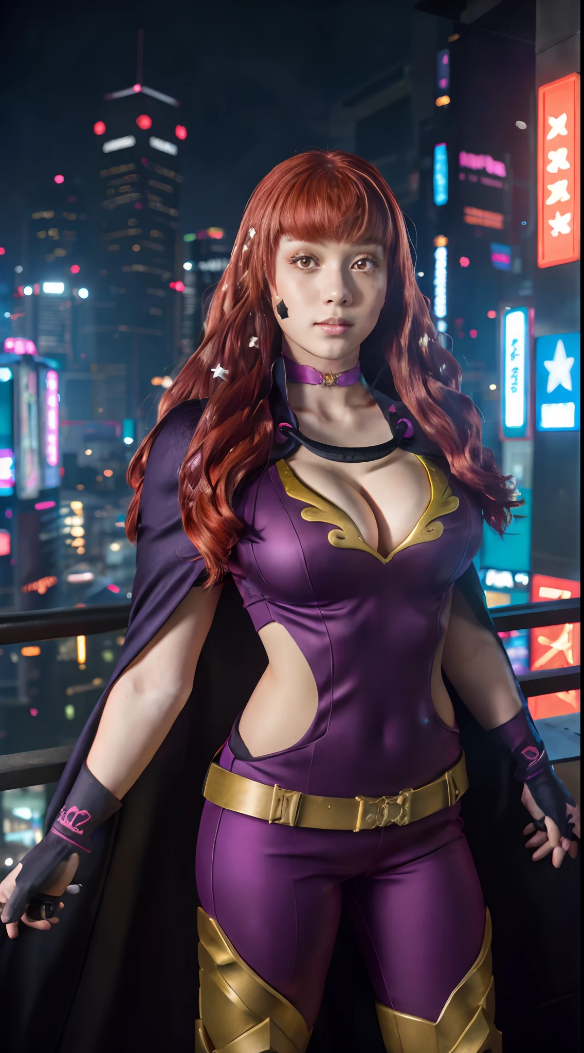 YunakaFE, 1girl, photo portrait of yunaka, red hair with long bangs, cape, choker, cleavage, star hair ornament, belt, purple sailor outfit, elbow gloves,scenic city background, hearts, epic photograph, white woman with ginger hair, cyberpunk, full body, red color grading, ektachrome, Fujifilm XT3, masterpiece