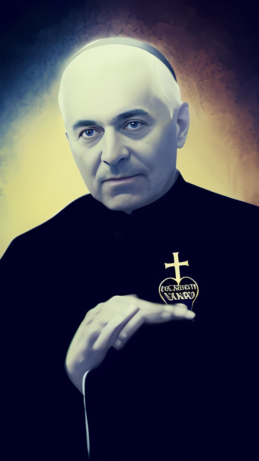 Image of a man in a black shirt holding a white baton, an evil catholic priest, inspired by János Valentiny, Nikolay Georgiev, inspired by Jesús Mari Lazkano, inspirado em Bernardo Daddi, Sergey Vasnev, frank kozik, inspirado em Cagnaccio di San Pietro, inspired by Thomas Aquinas Daly