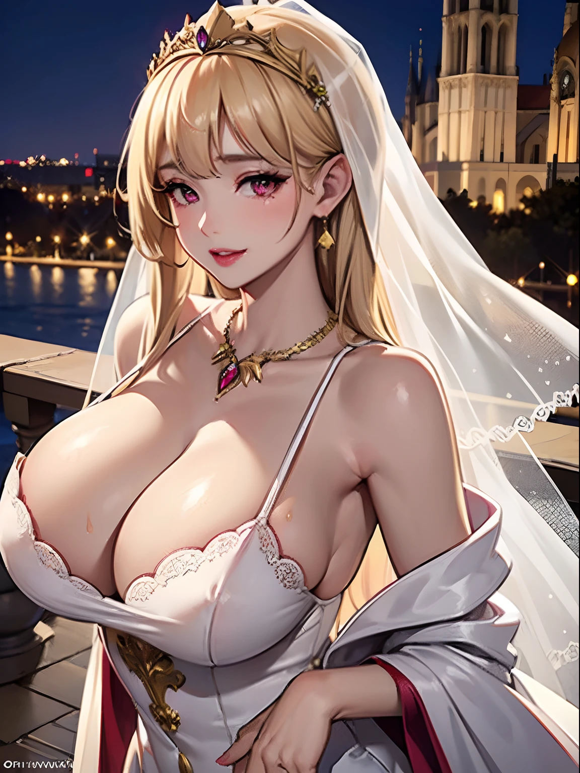 NSFW , pornographique, (((corps parfait))),20's, la jeune reine elfe se marie, bride girl, bride dress, wedding, textured breasts, puffy lips, pink lipstick, thick lips, ((blond golden hair)), long blond hair, pink eyes, mascara, seins moyen, robe verte style fantasy, Fitted and revealing green dress accentuating her loose chest, circlet, joaillerie, boucle d'oreilles classe, Necklace of precious stones, Regard aimant, superbe face, vie nocturne, immense palais fantastique, Fantasy city in the background