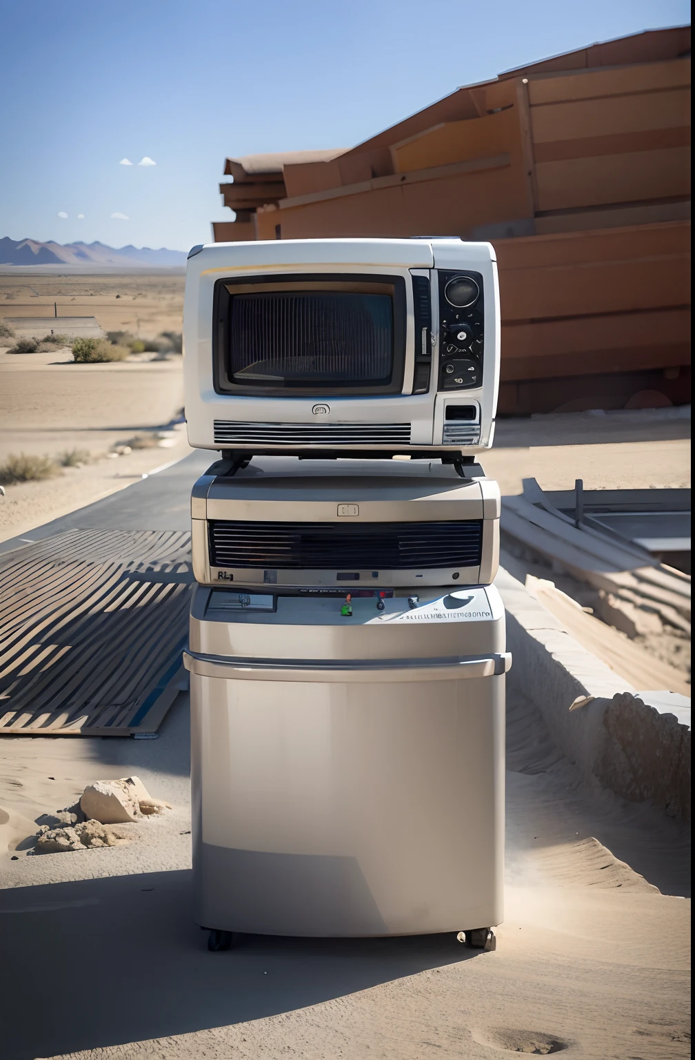8K、Top image quality、tmasterpiece、On the desert,Waste appliances pile up,old tv,Old radio,Old fridge,Old oven,Large depth of field,Perspective is normal,Bottom corner shooting