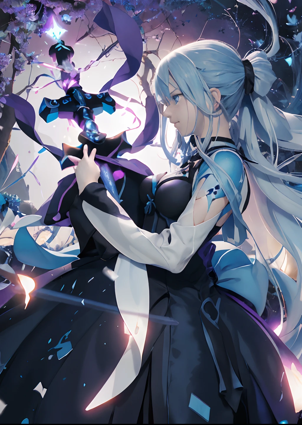 anime girl with sword in a black dress surrounded by blue and purple confetti, detailed key anime art, fate grand order, nightcore, splash art anime loli, ufotable art style, anime style like fate/stay night, best anime 4k konachan wallpaper, epic light novel art cover, anime style 4 k, anime wallaper, anime moe artstyle